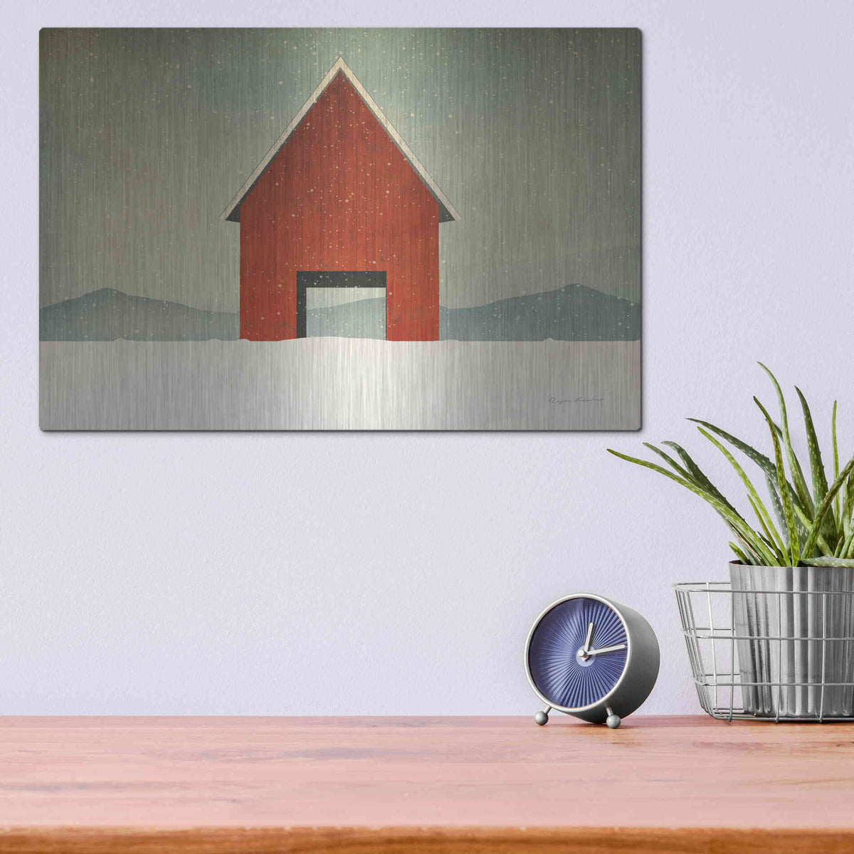 Luxe Metal Art 'Red Barn Winter' by Ryan Fowler, Metal Wall Art,16x12