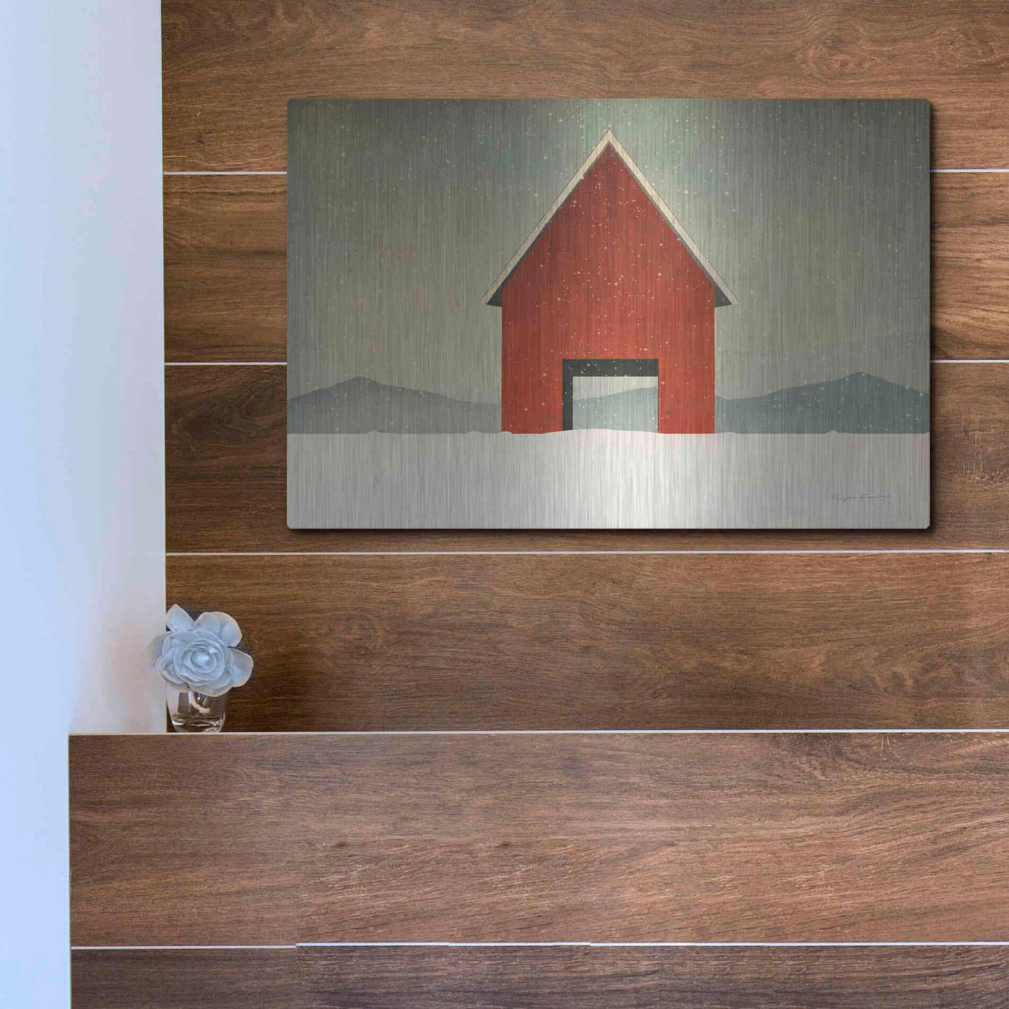 Luxe Metal Art 'Red Barn Winter' by Ryan Fowler, Metal Wall Art,16x12