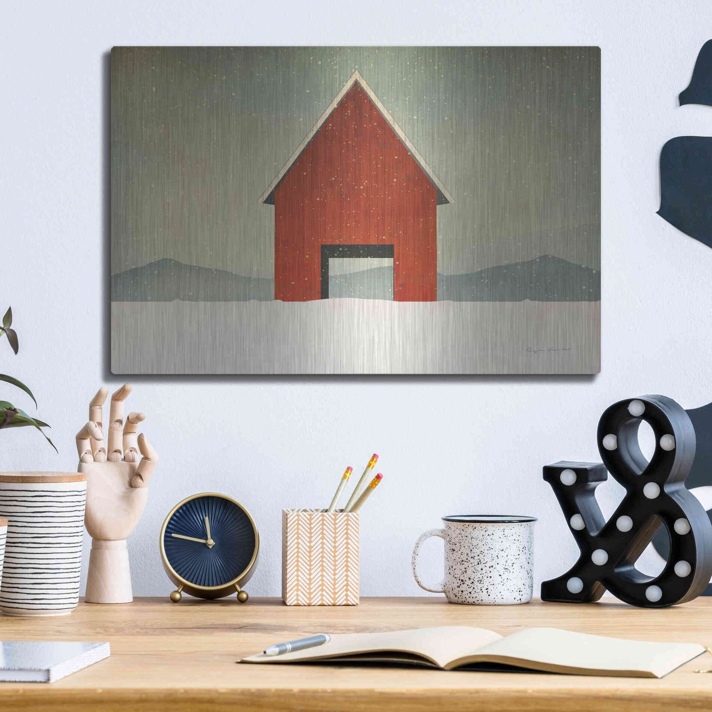 Luxe Metal Art 'Red Barn Winter' by Ryan Fowler, Metal Wall Art,16x12