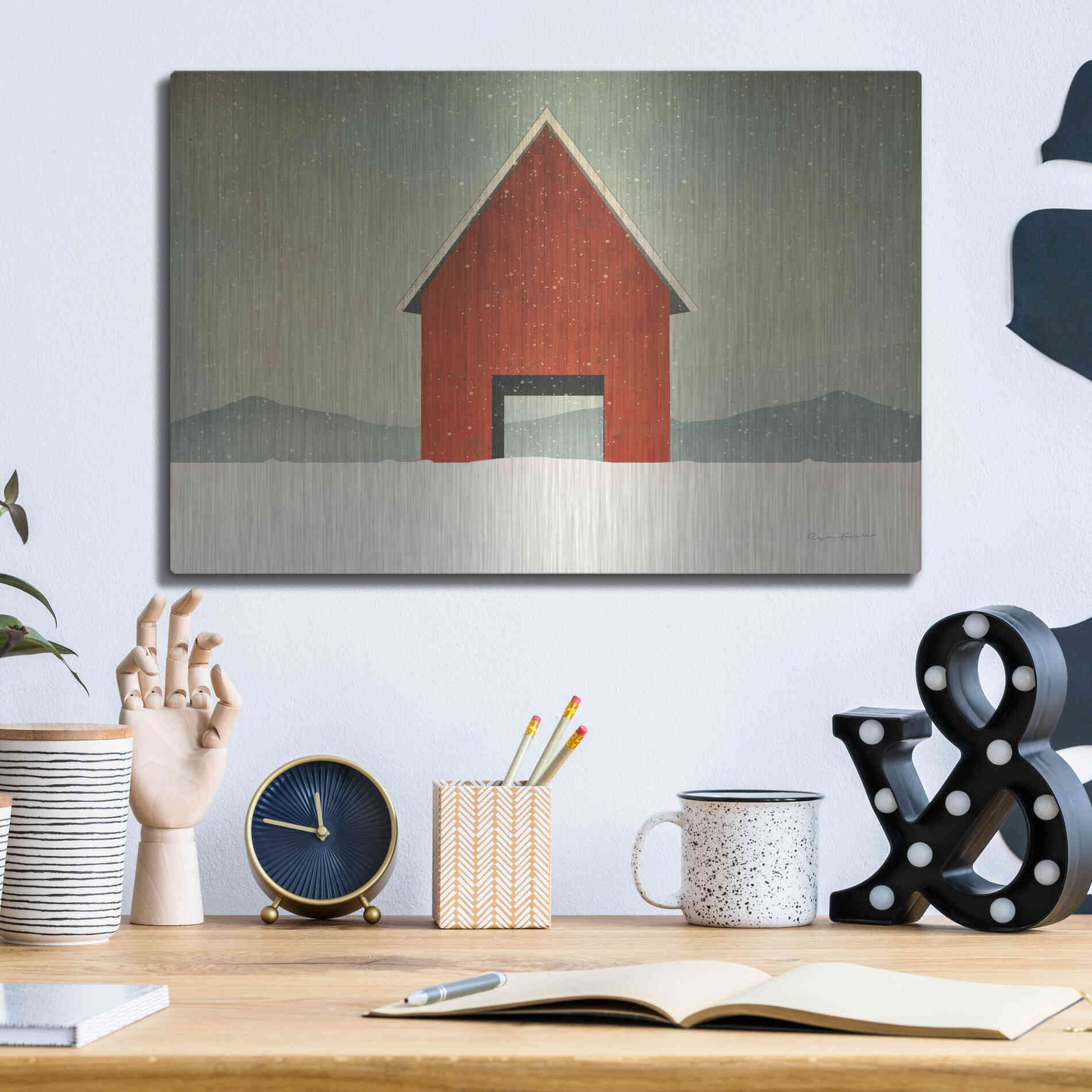 Luxe Metal Art 'Red Barn Winter' by Ryan Fowler, Metal Wall Art,16x12