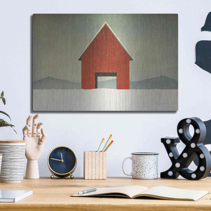 Luxe Metal Art 'Red Barn Winter' by Ryan Fowler, Metal Wall Art,16x12