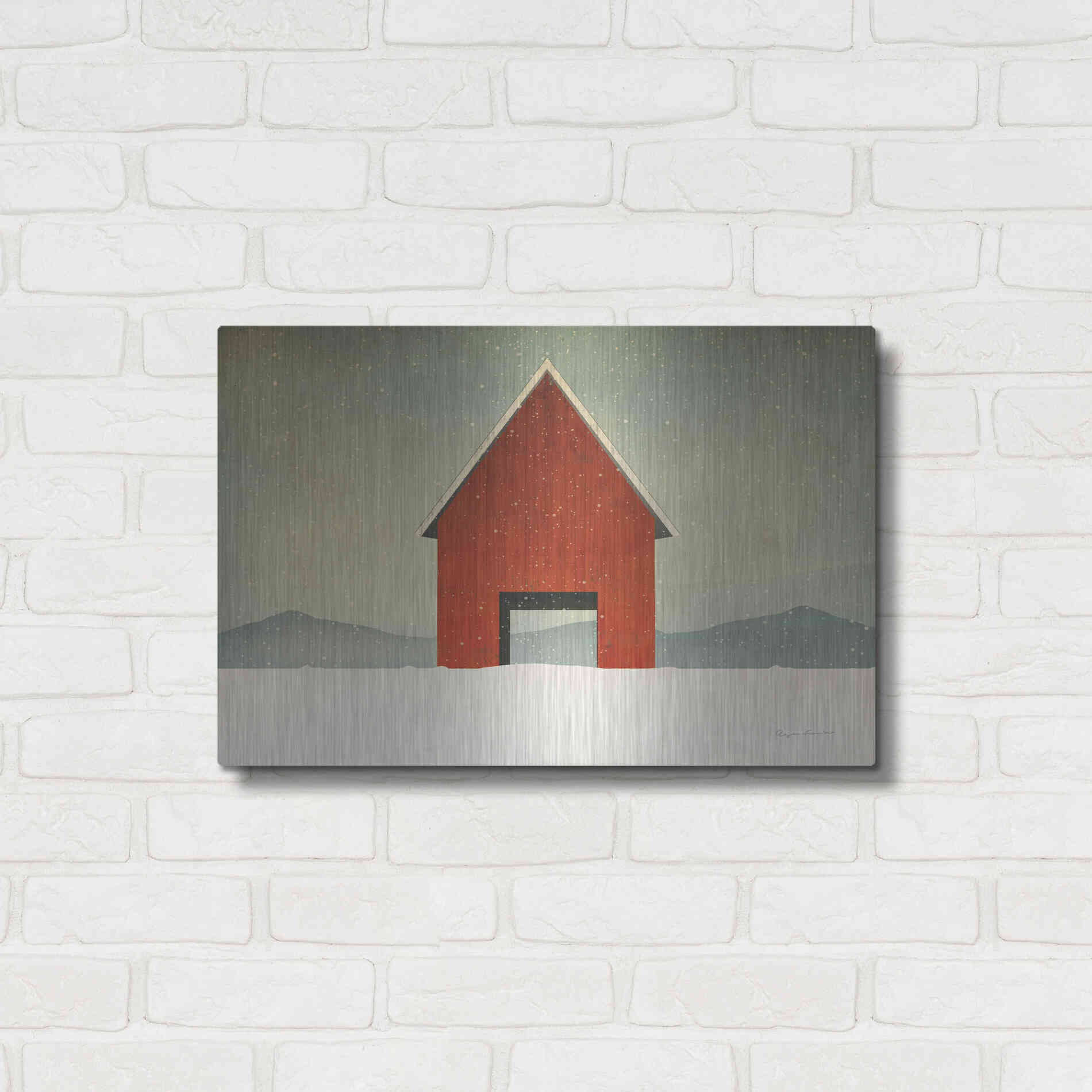 Luxe Metal Art 'Red Barn Winter' by Ryan Fowler, Metal Wall Art,24x16