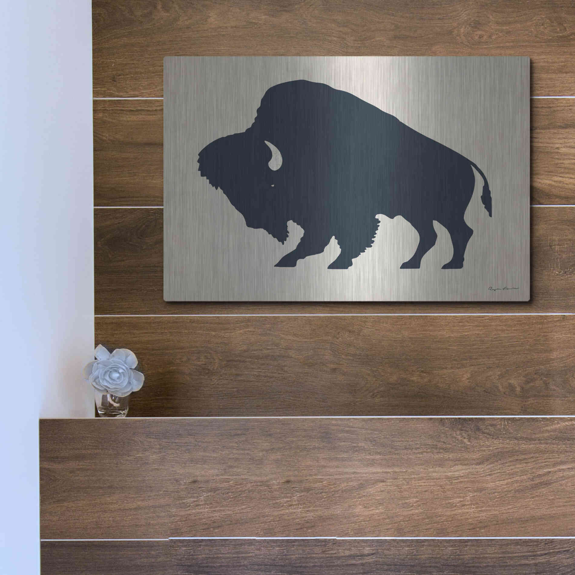Luxe Metal Art 'Buffalo Bison I On Beige' by Ryan Fowler, Metal Wall Art,16x12