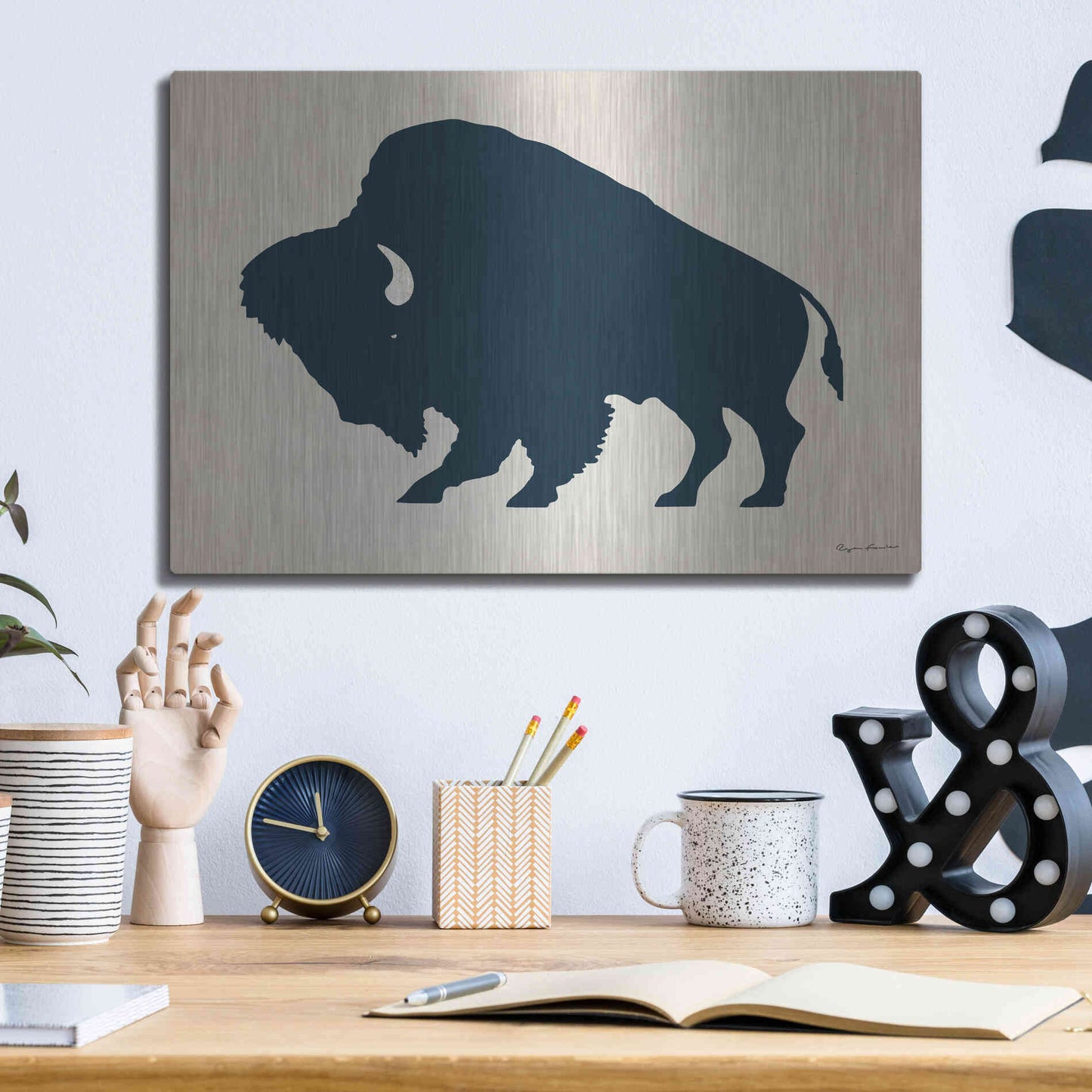 Luxe Metal Art 'Buffalo Bison I On Beige' by Ryan Fowler, Metal Wall Art,16x12