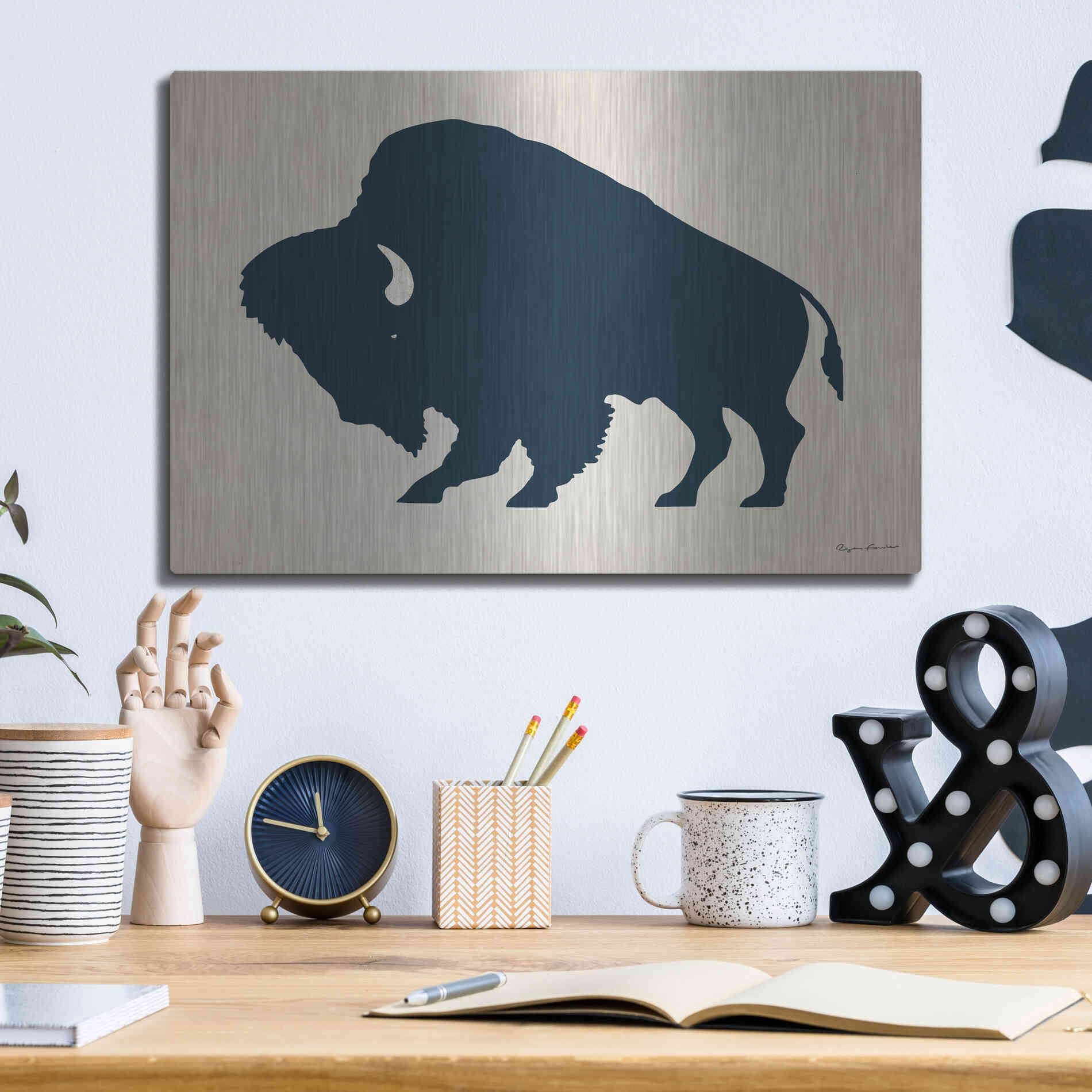 Luxe Metal Art 'Buffalo Bison I On Beige' by Ryan Fowler, Metal Wall Art,16x12