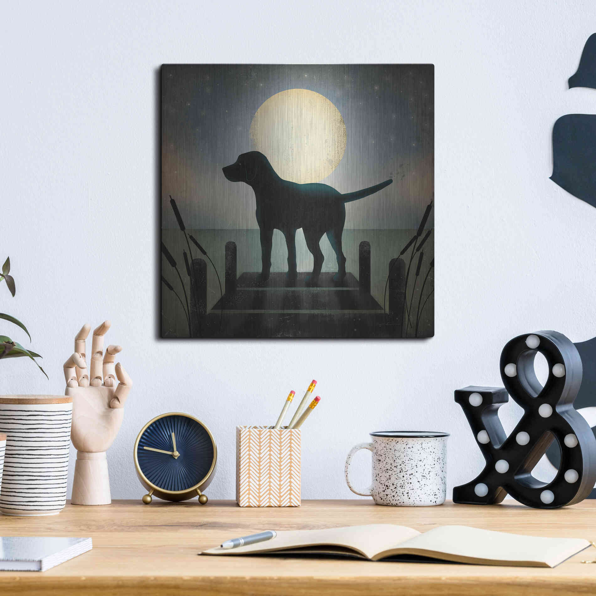 Luxe Metal Art 'Moonrise Black Dog' by Ryan Fowler, Metal Wall Art,12x12
