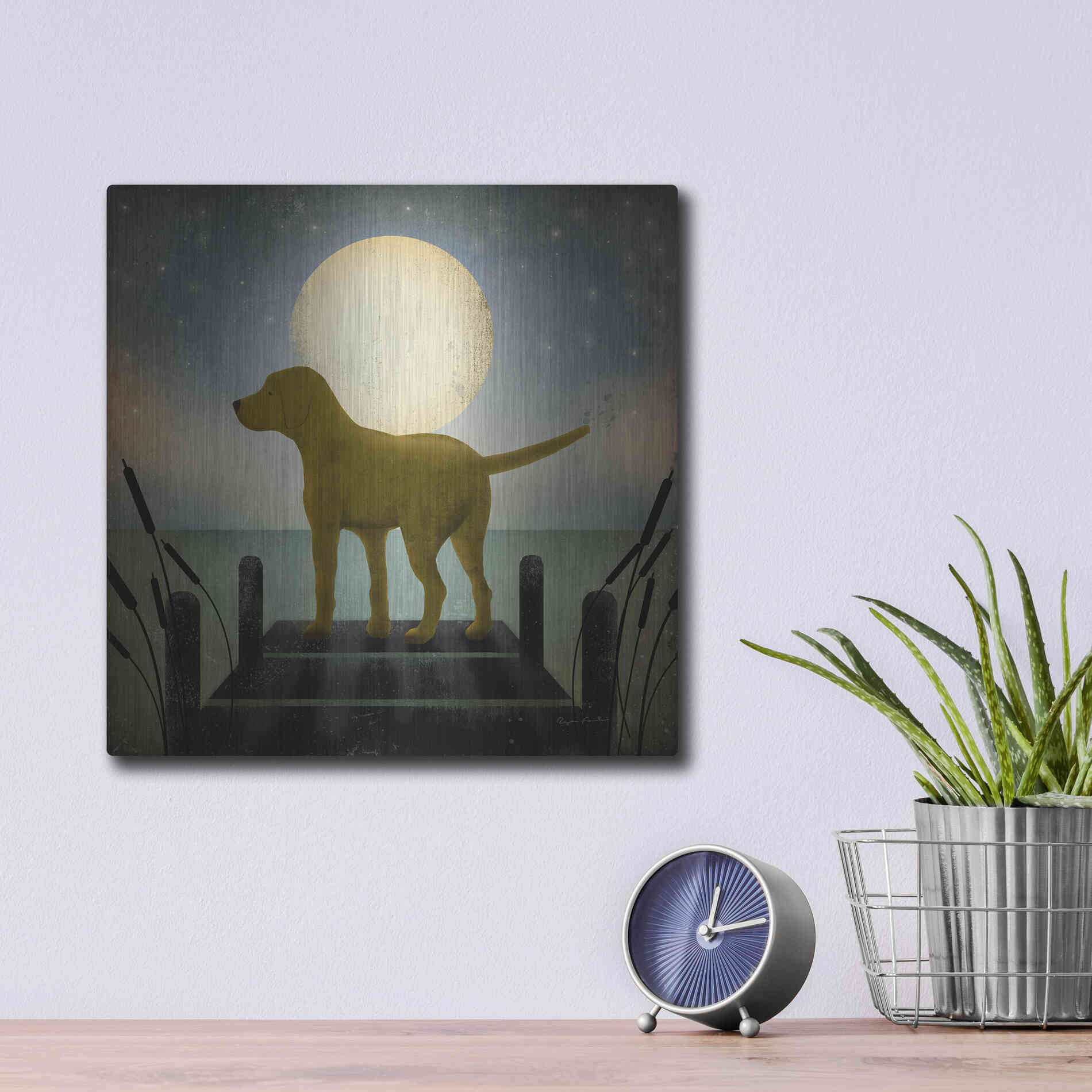 Luxe Metal Art 'Moonrise Yellow Dog' by Ryan Fowler, Metal Wall Art,12x12