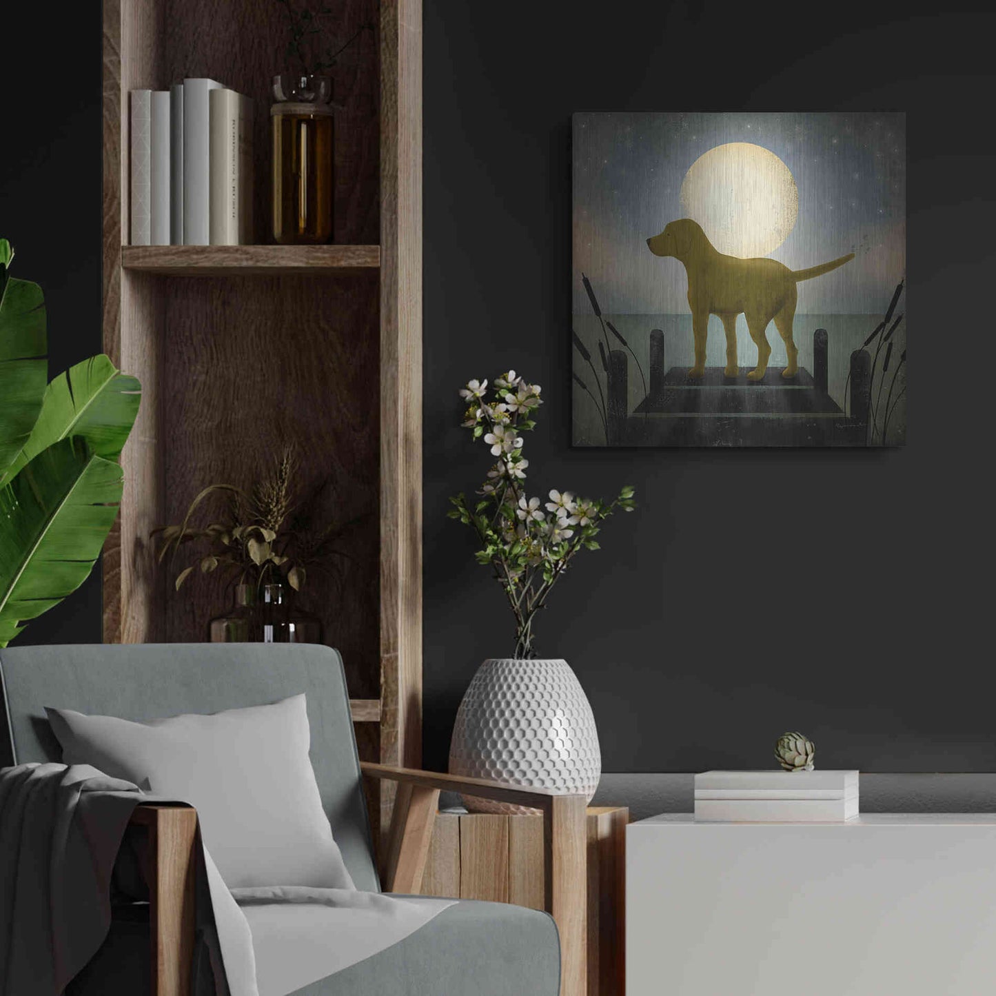 Luxe Metal Art 'Moonrise Yellow Dog' by Ryan Fowler, Metal Wall Art,24x24