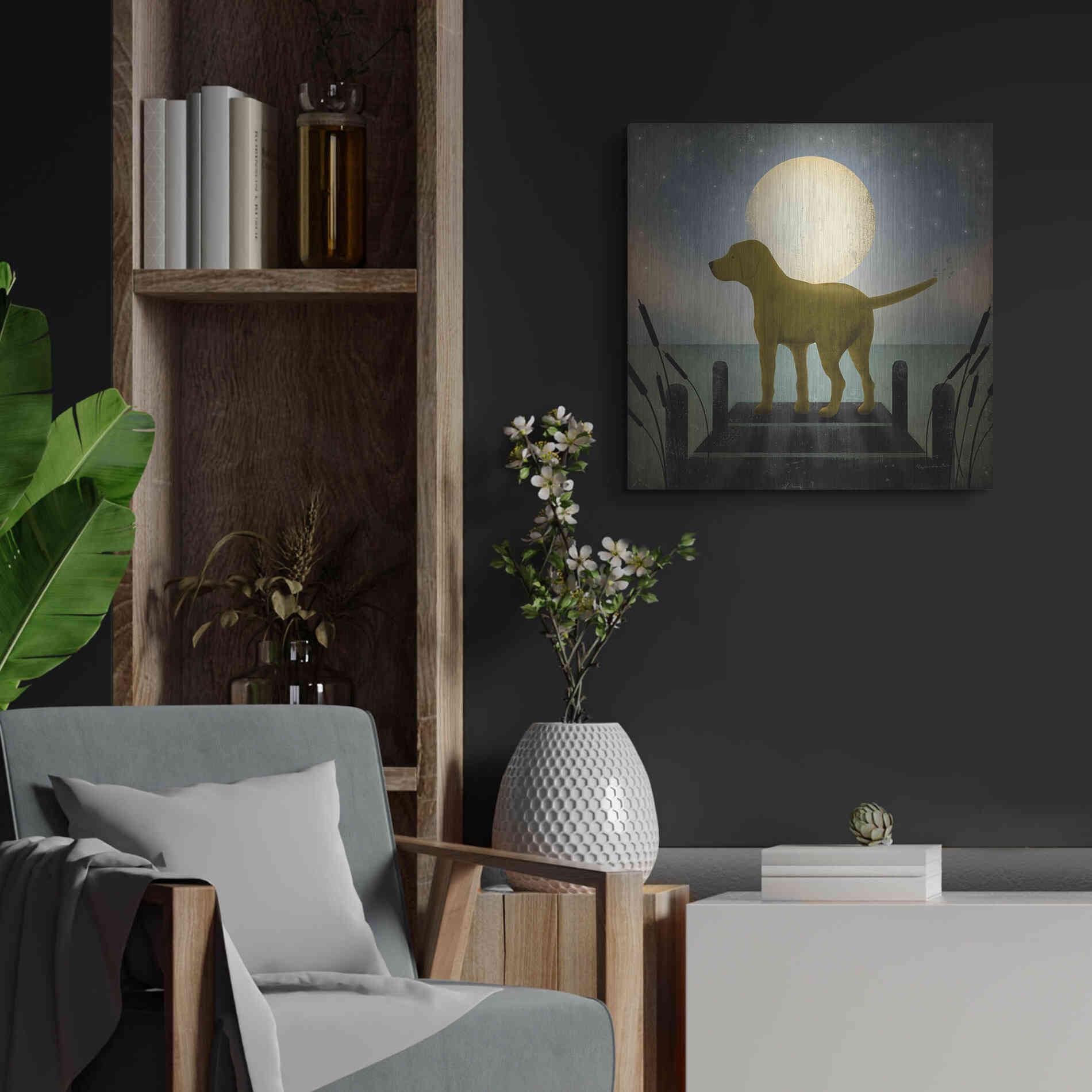 Luxe Metal Art 'Moonrise Yellow Dog' by Ryan Fowler, Metal Wall Art,24x24
