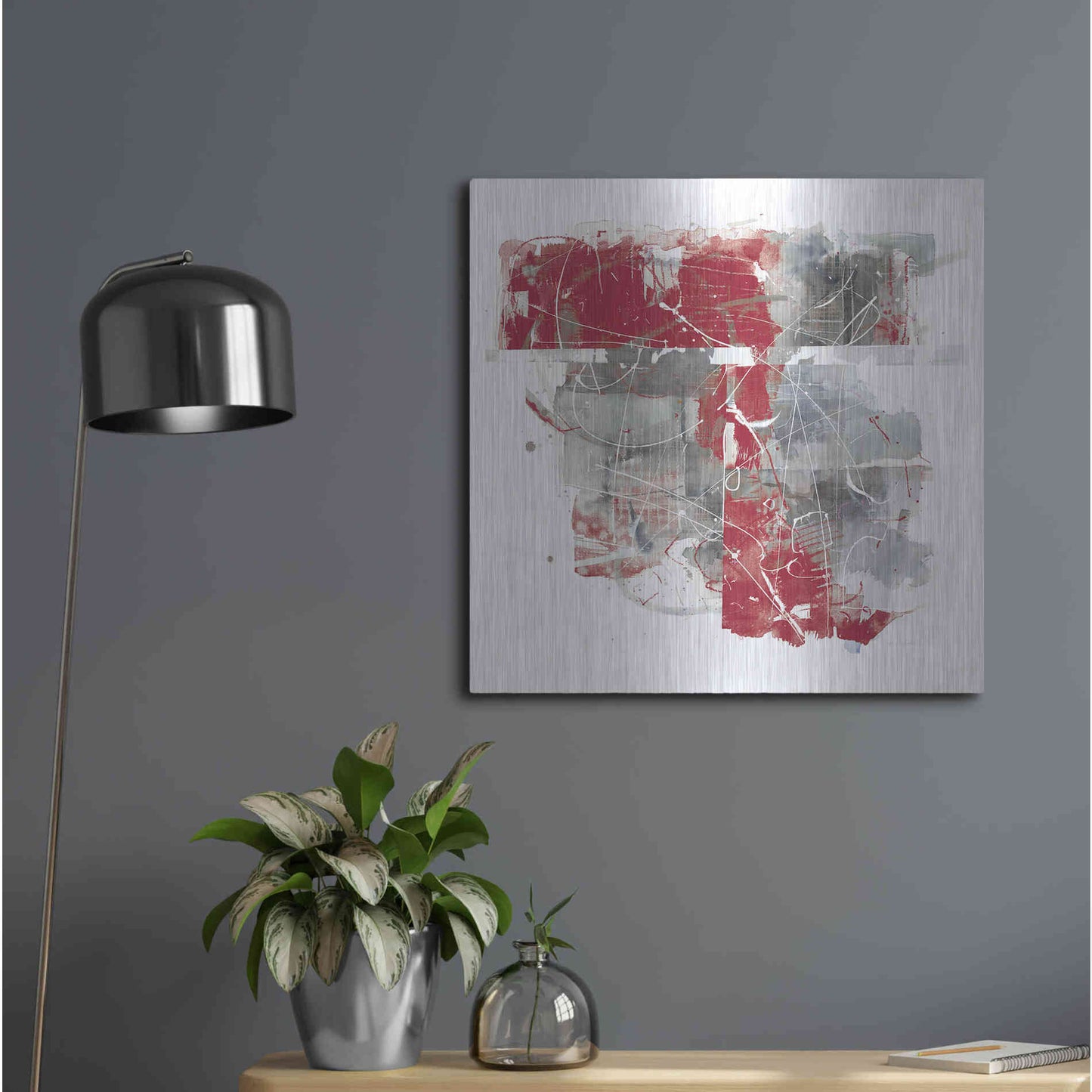 Luxe Metal Art 'Moving In And Out Of Traffic II Red Grey' by Mike Schick, Metal Wall Art,24x24