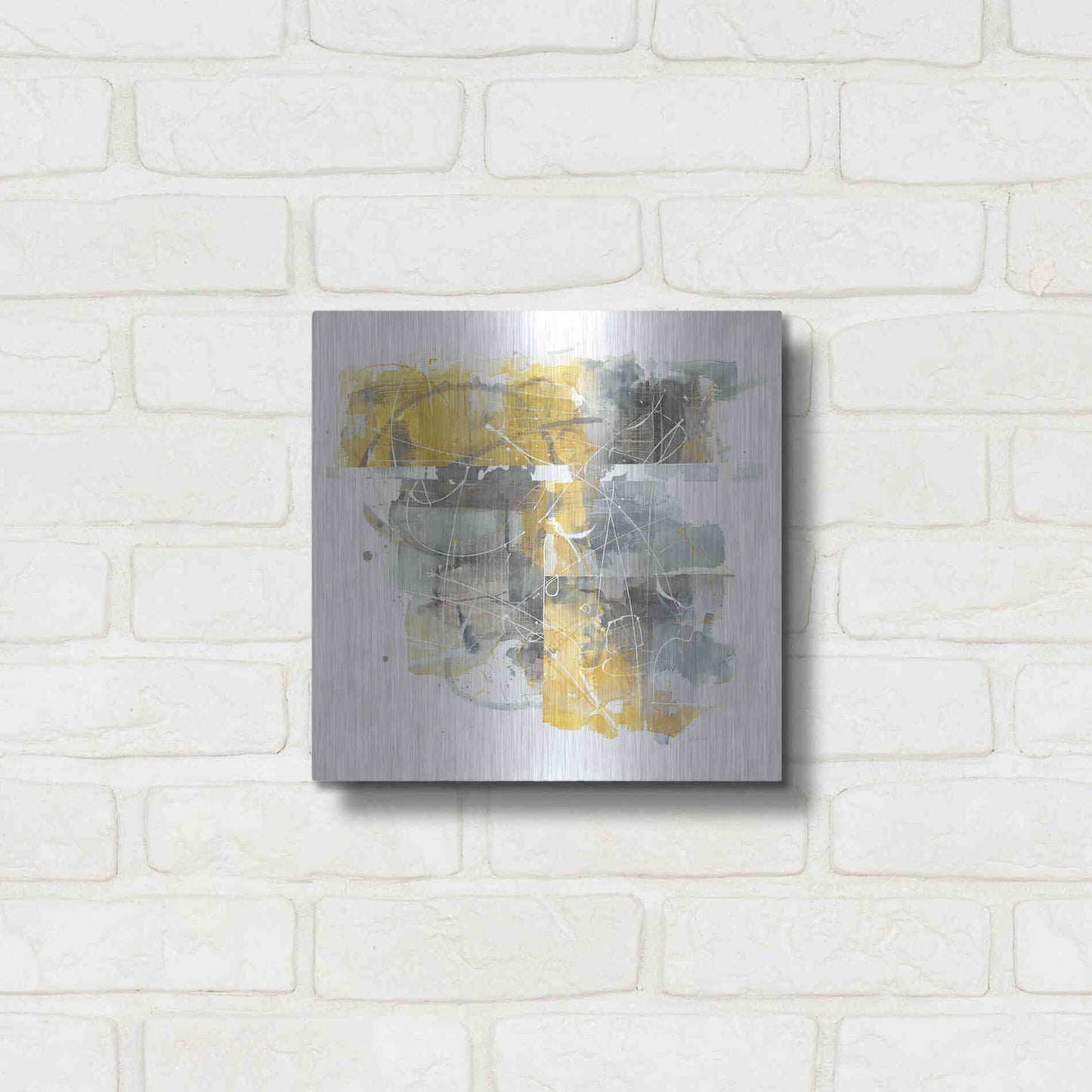 Luxe Metal Art 'Moving In And Out Of Traffic II Yellow Grey' by Mike Schick, Metal Wall Art,12x12