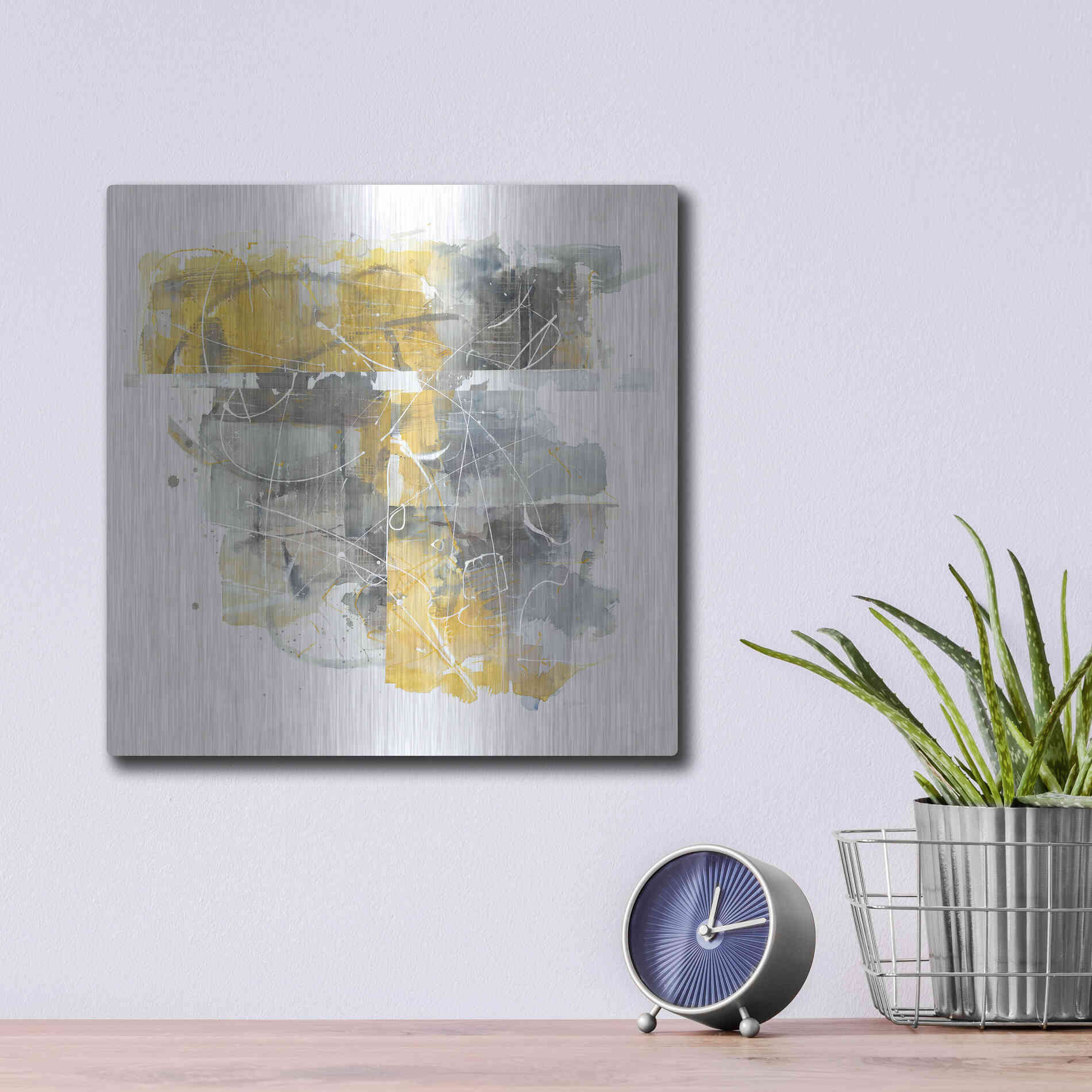 Luxe Metal Art 'Moving In And Out Of Traffic II Yellow Grey' by Mike Schick, Metal Wall Art,12x12