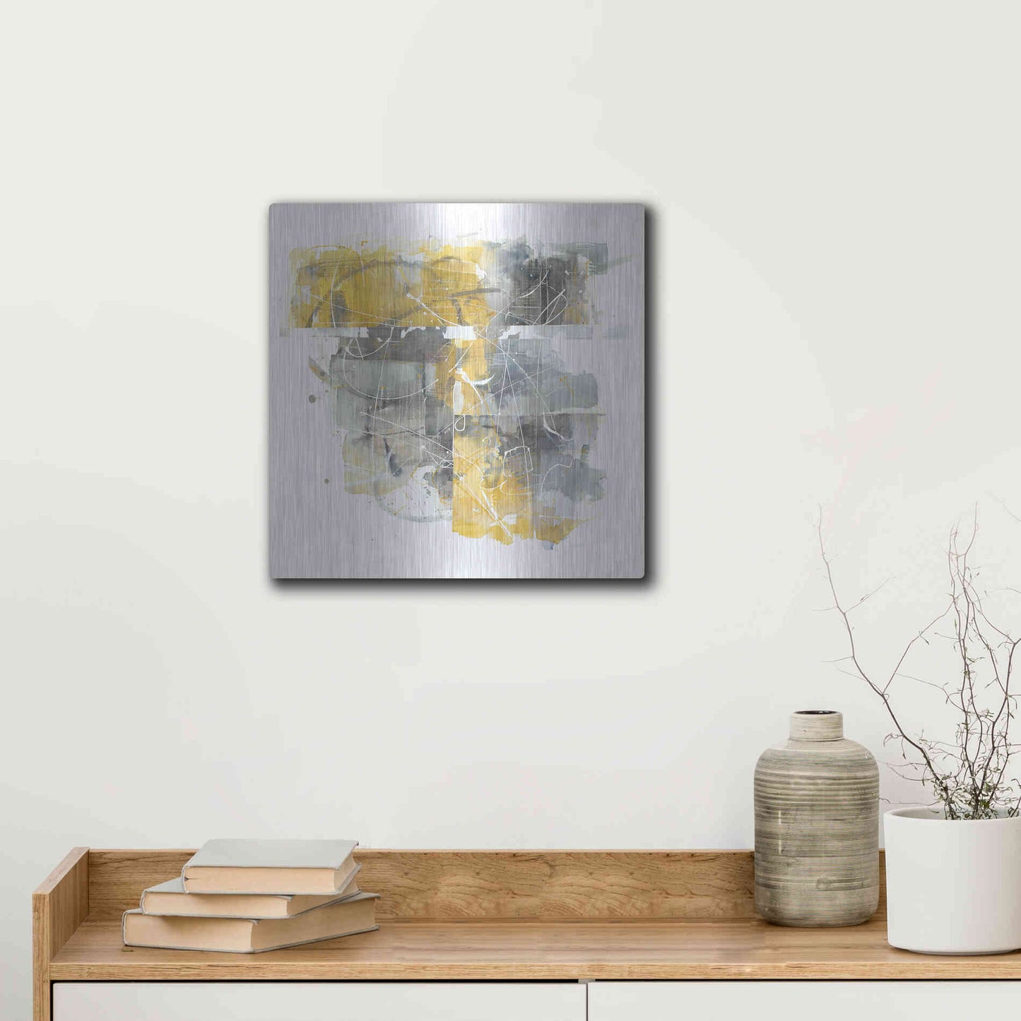 Luxe Metal Art 'Moving In And Out Of Traffic II Yellow Grey' by Mike Schick, Metal Wall Art,12x12