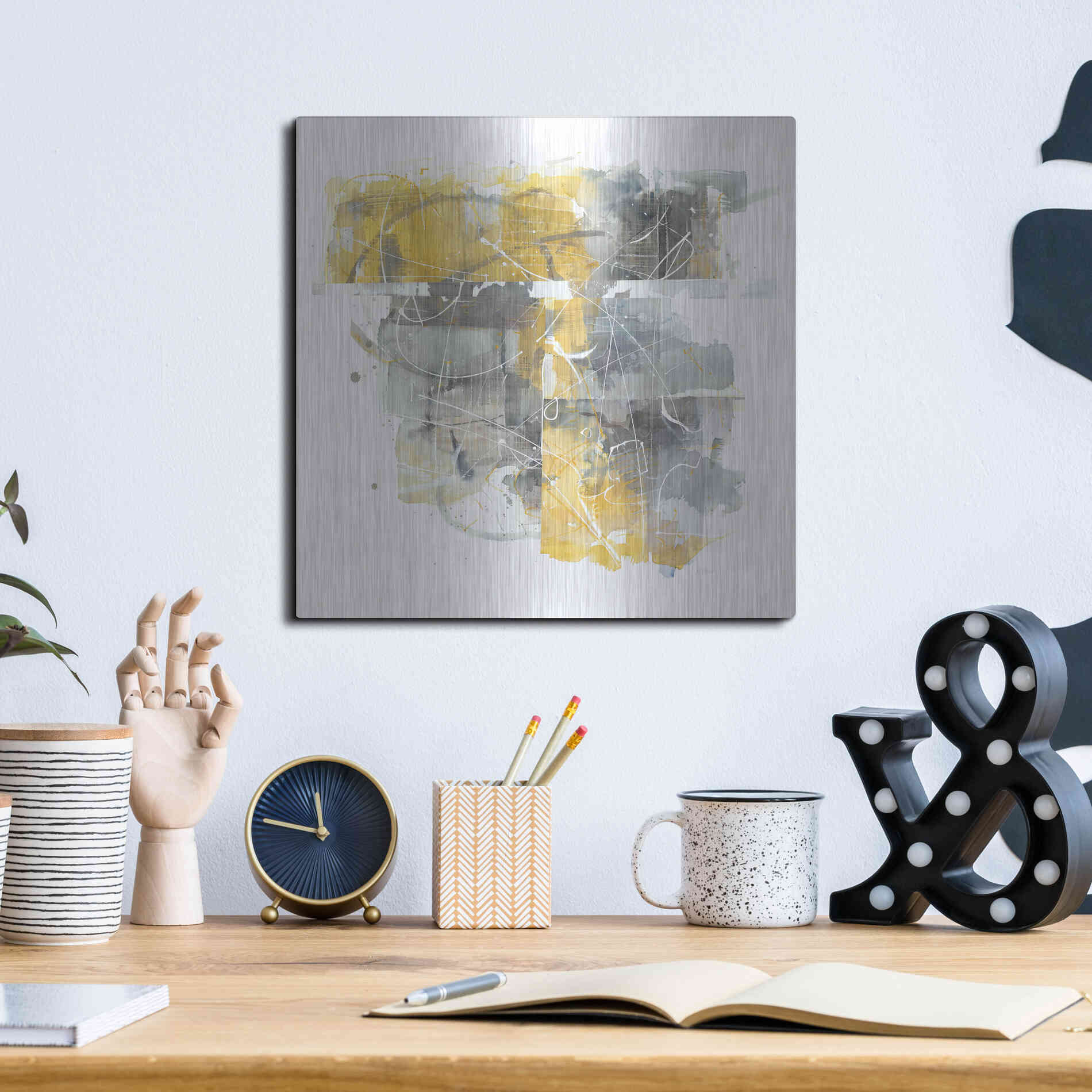 Luxe Metal Art 'Moving In And Out Of Traffic II Yellow Grey' by Mike Schick, Metal Wall Art,12x12