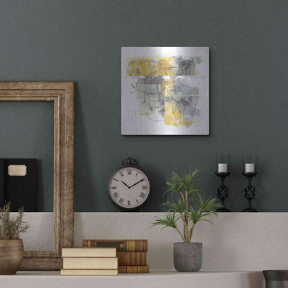 Luxe Metal Art 'Moving In And Out Of Traffic II Yellow Grey' by Mike Schick, Metal Wall Art,12x12