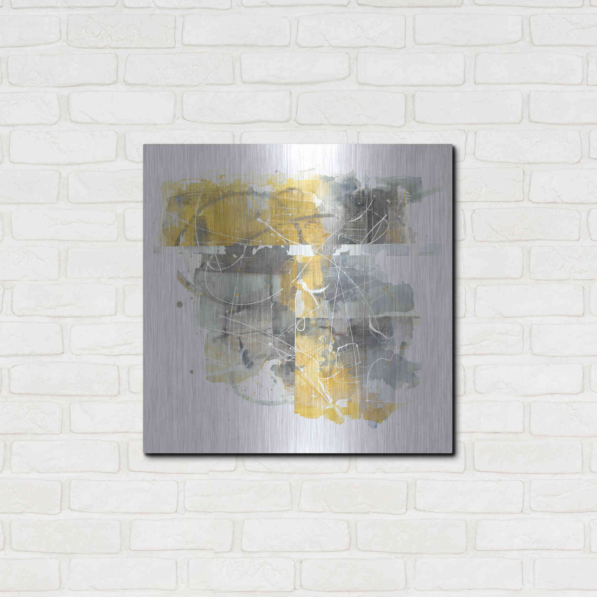 Luxe Metal Art 'Moving In And Out Of Traffic II Yellow Grey' by Mike Schick, Metal Wall Art,24x24