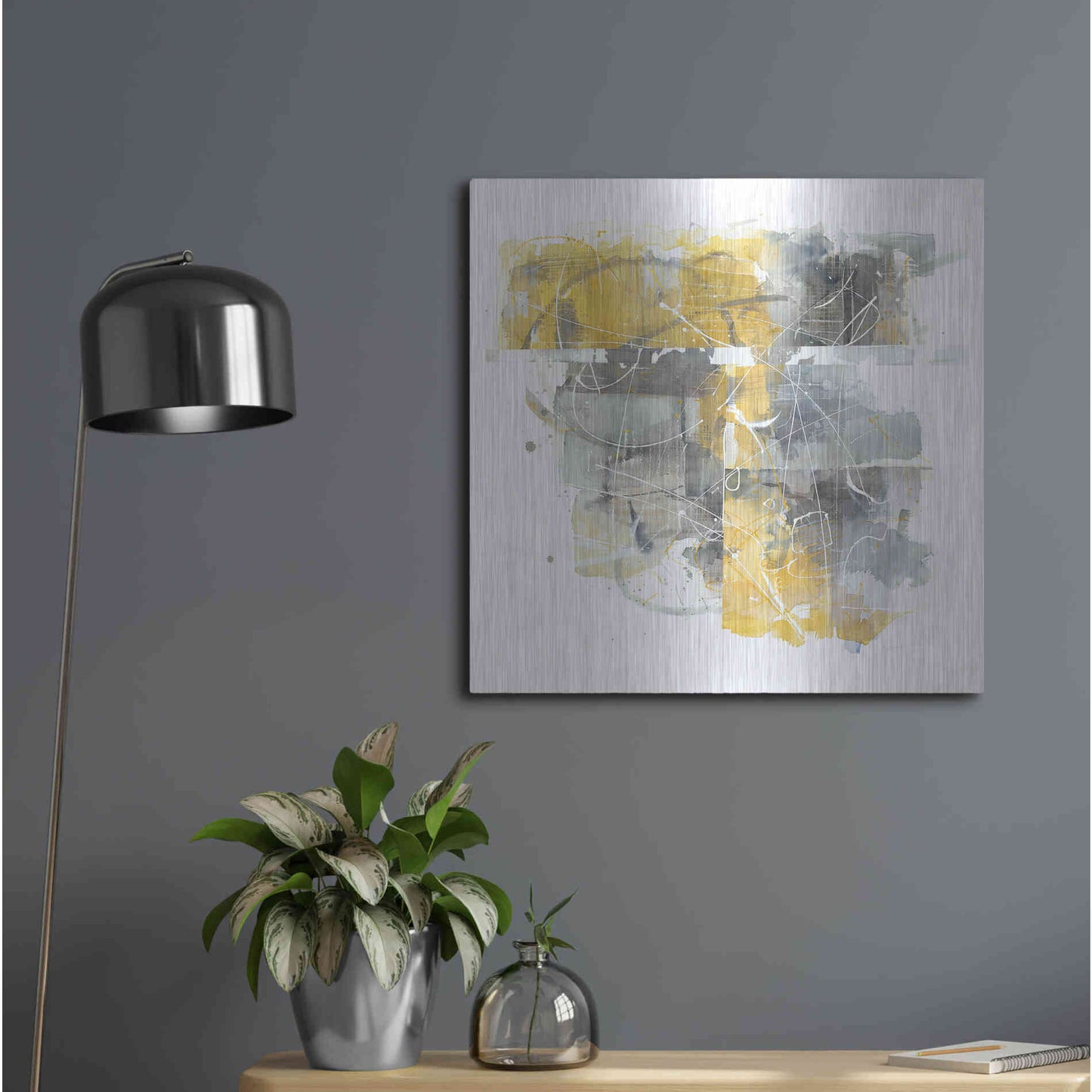 Luxe Metal Art 'Moving In And Out Of Traffic II Yellow Grey' by Mike Schick, Metal Wall Art,24x24