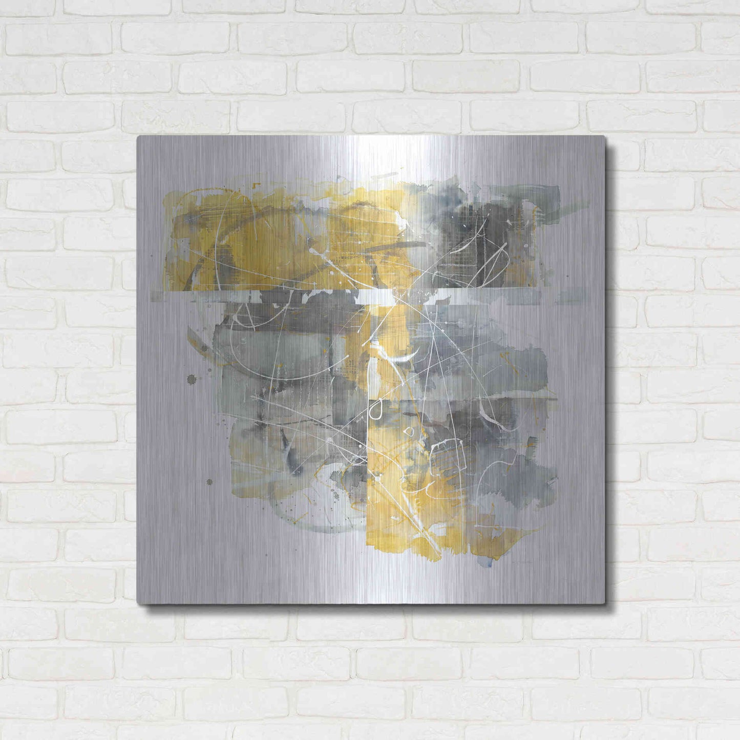 Luxe Metal Art 'Moving In And Out Of Traffic II Yellow Grey' by Mike Schick, Metal Wall Art,36x36