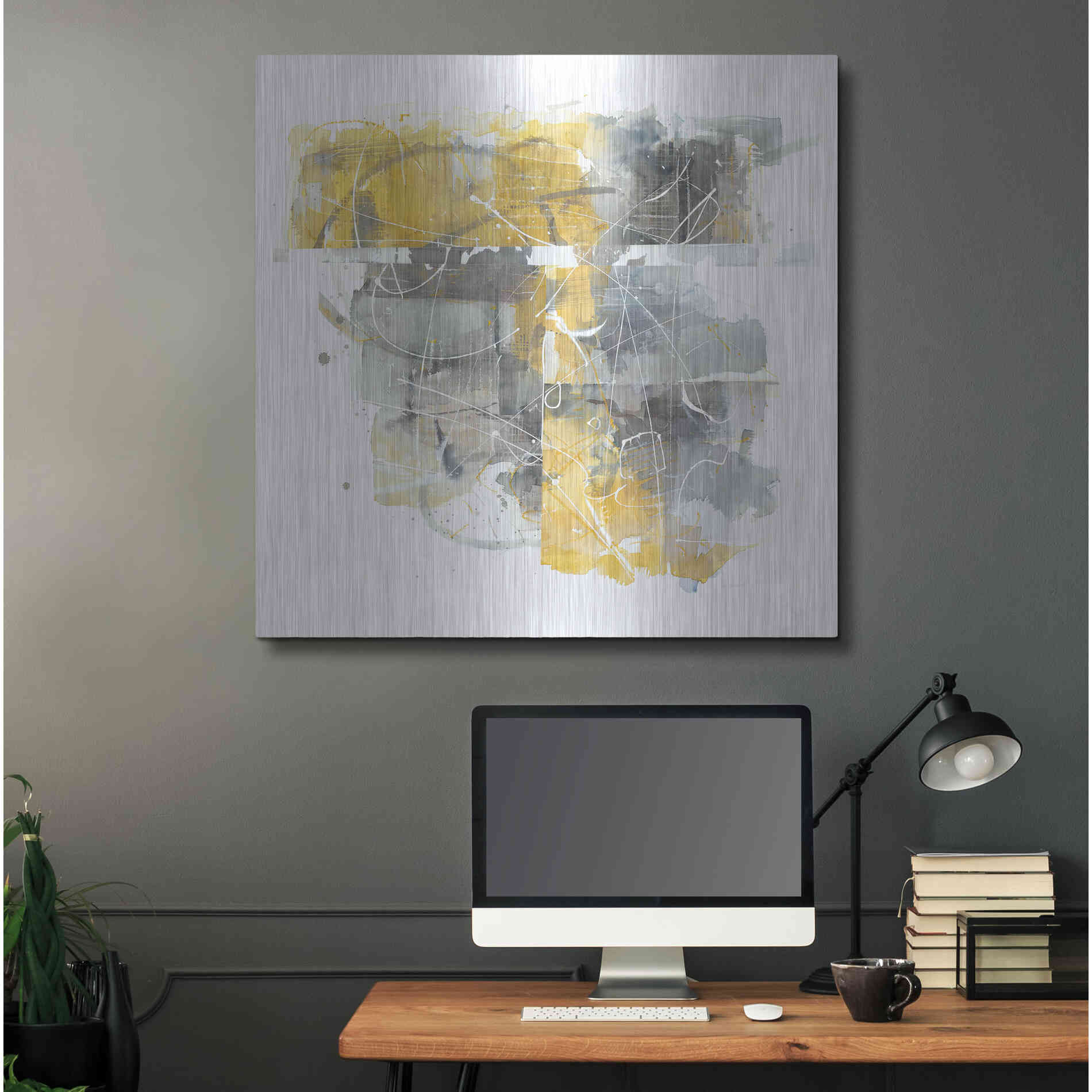 Luxe Metal Art 'Moving In And Out Of Traffic II Yellow Grey' by Mike Schick, Metal Wall Art,36x36