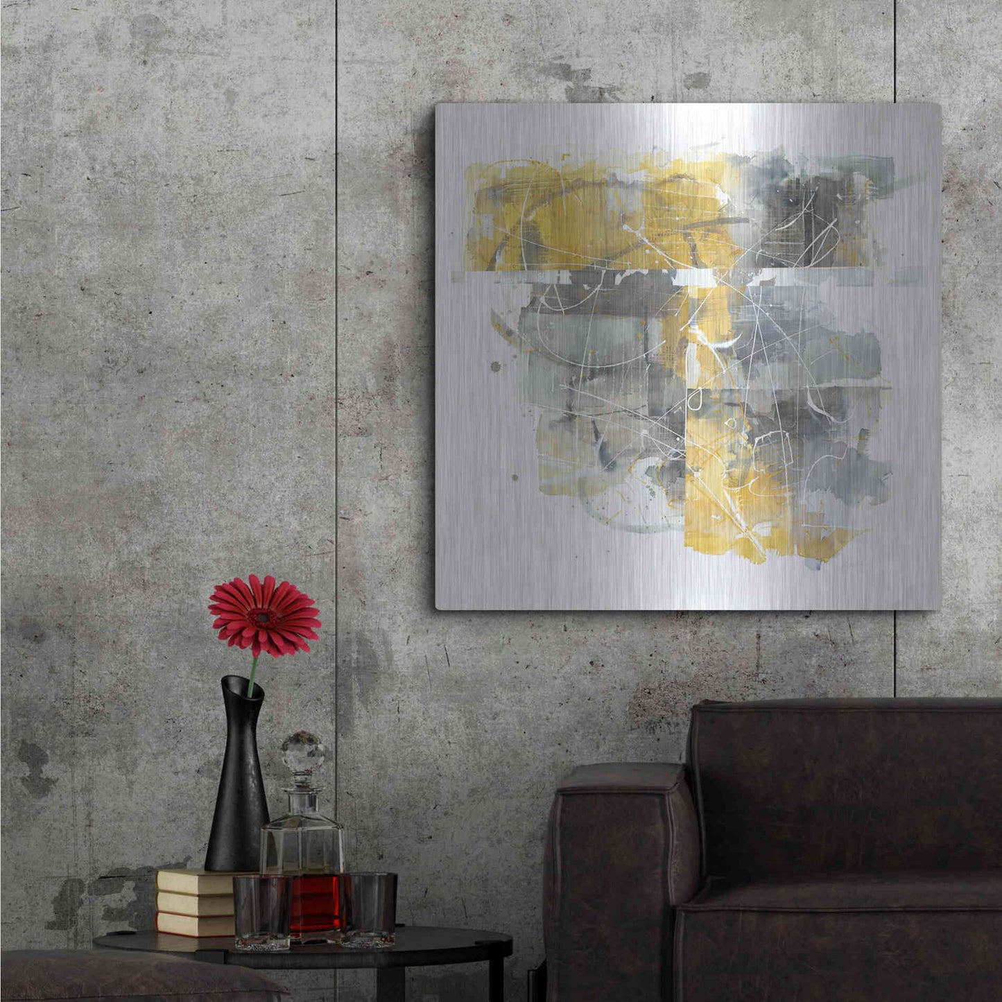 Luxe Metal Art 'Moving In And Out Of Traffic II Yellow Grey' by Mike Schick, Metal Wall Art,36x36