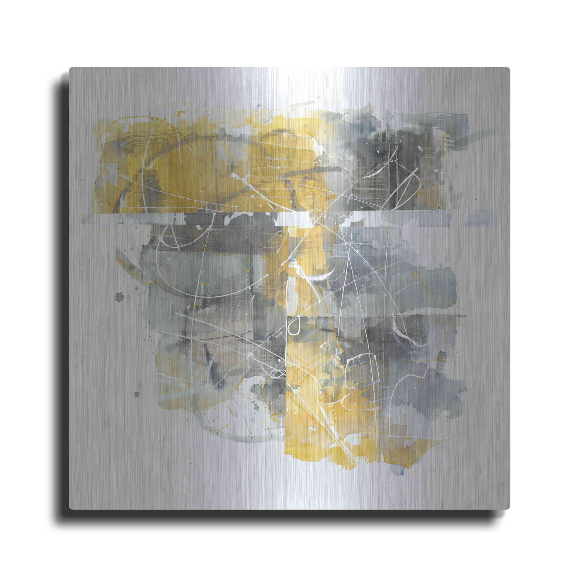 Luxe Metal Art 'Moving In And Out Of Traffic II Yellow Grey' by Mike Schick, Metal Wall Art