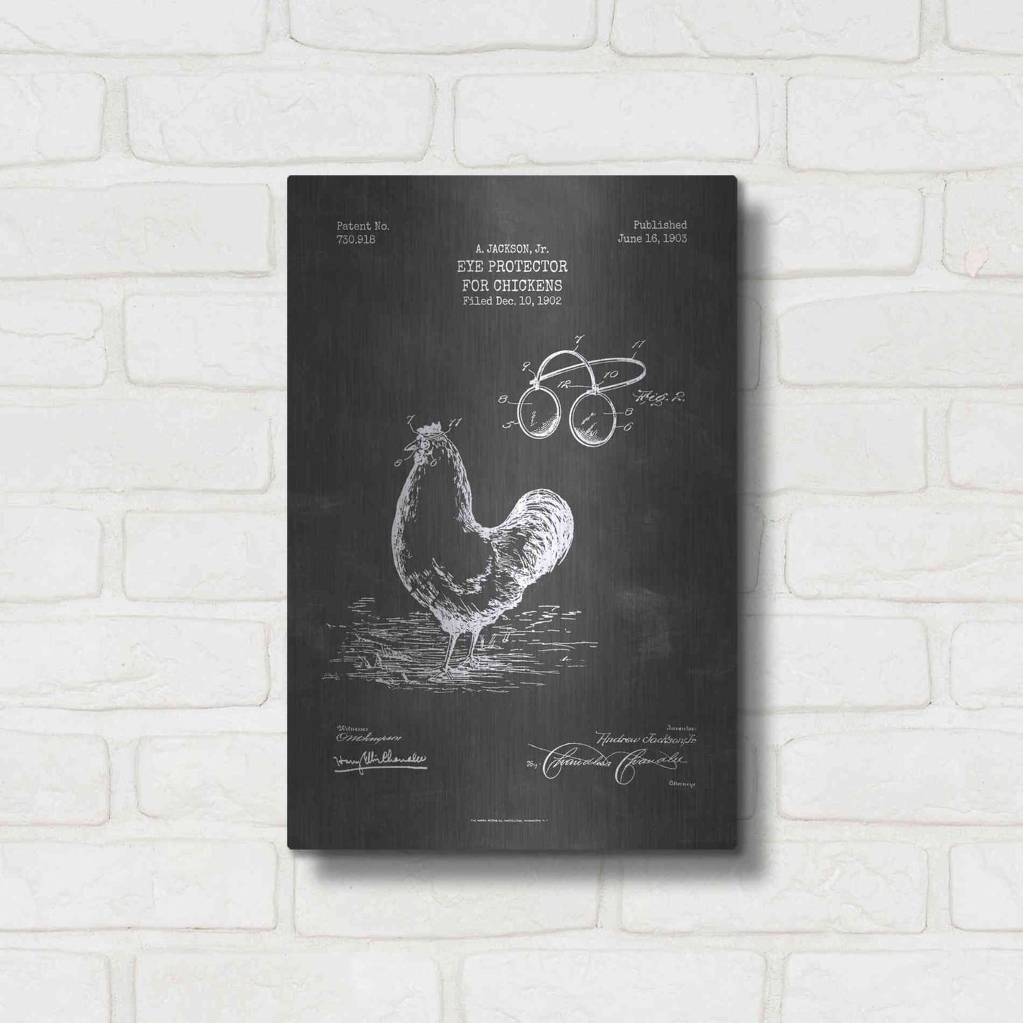 Luxe Metal Art 'Eye Protector for Chickens Blueprint Patent Chalkboard' Metal Wall Art,12x16