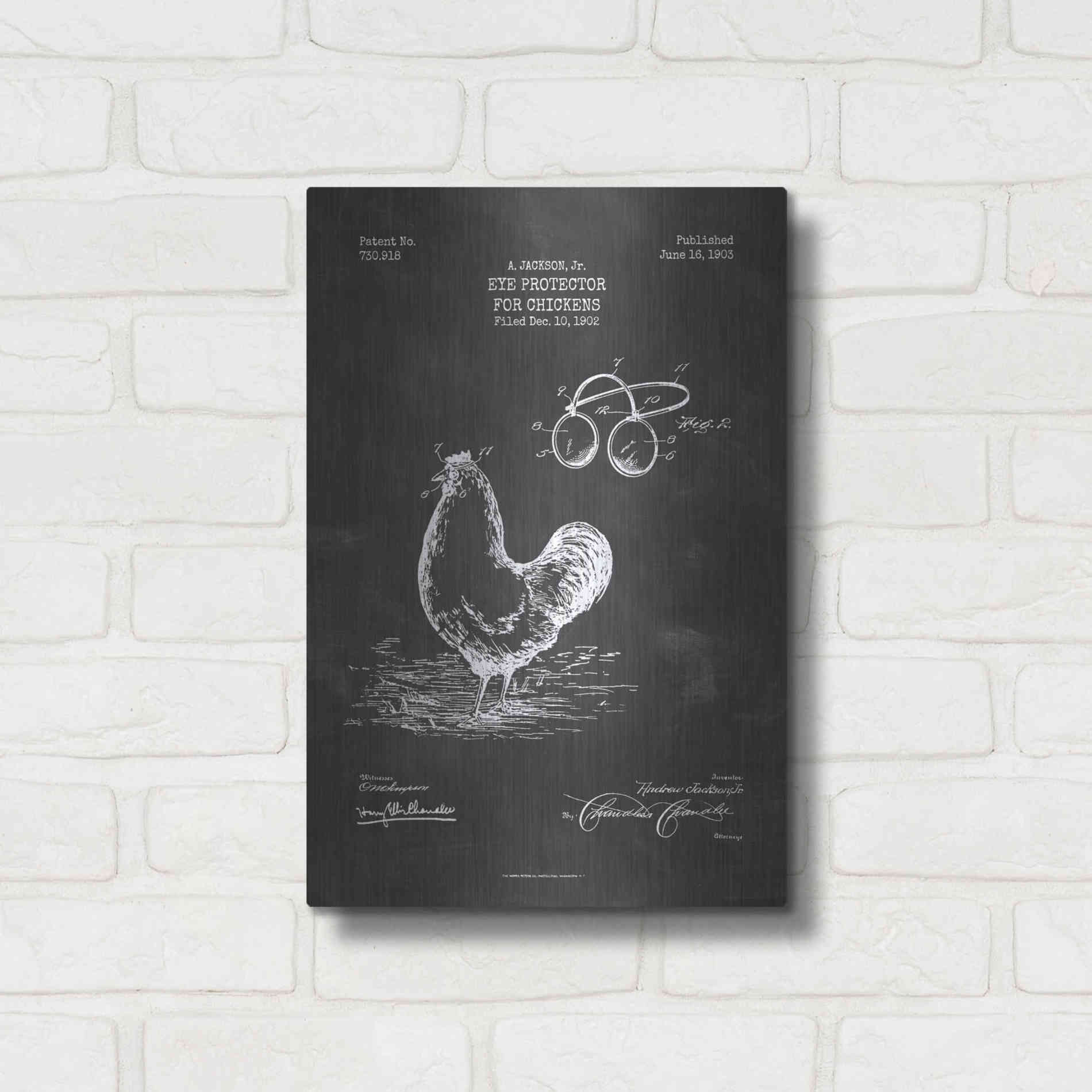 Luxe Metal Art 'Eye Protector for Chickens Blueprint Patent Chalkboard' Metal Wall Art,12x16