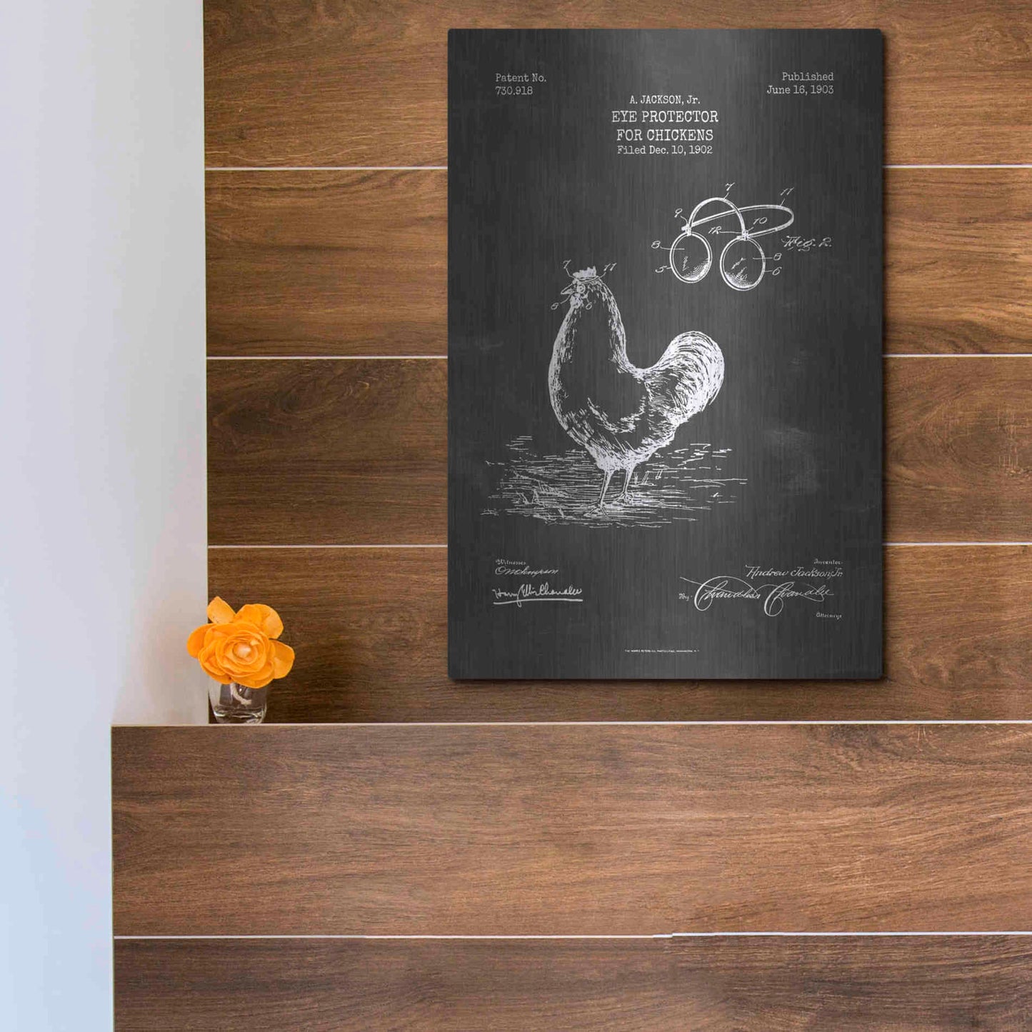 Luxe Metal Art 'Eye Protector for Chickens Blueprint Patent Chalkboard' Metal Wall Art,12x16
