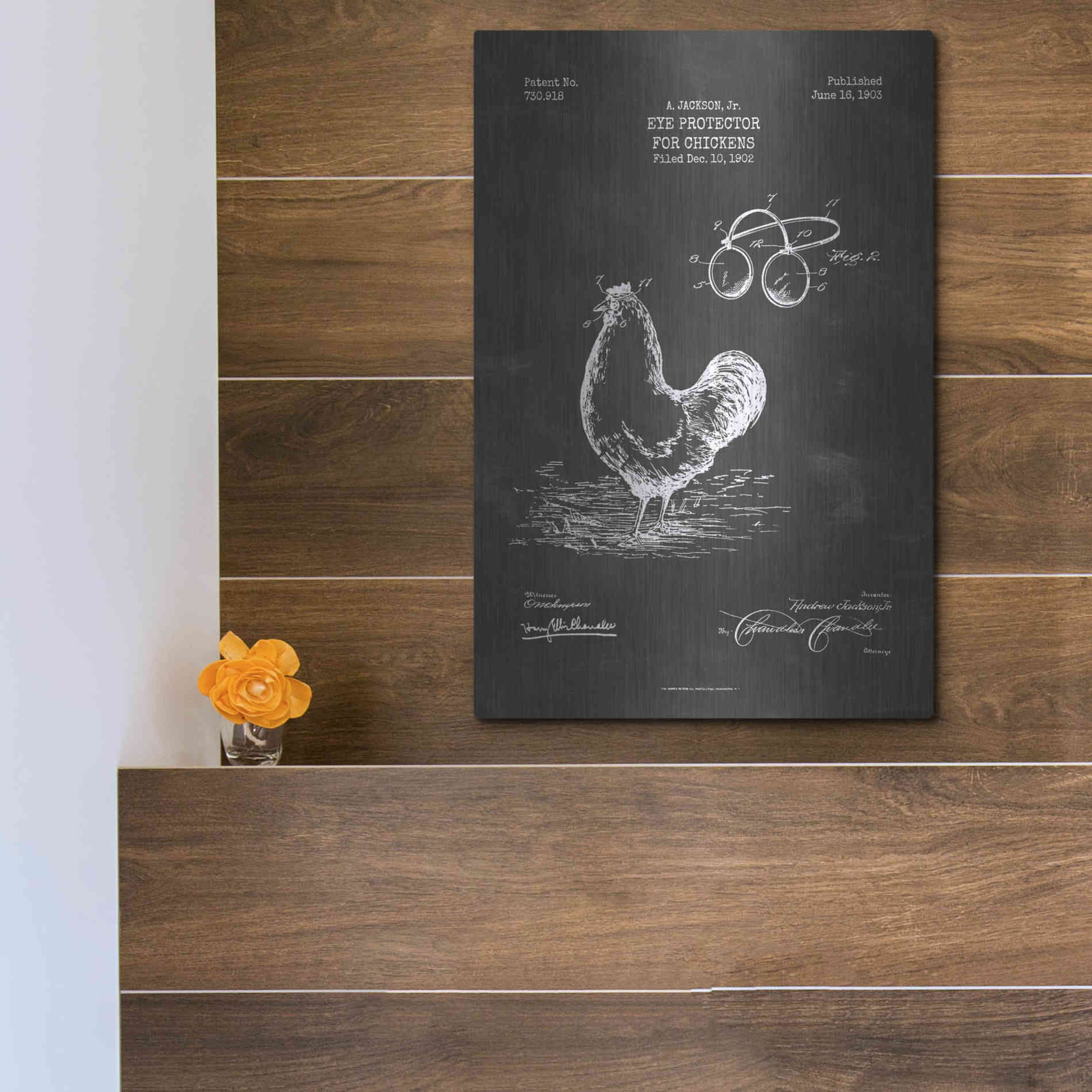 Luxe Metal Art 'Eye Protector for Chickens Blueprint Patent Chalkboard' Metal Wall Art,12x16