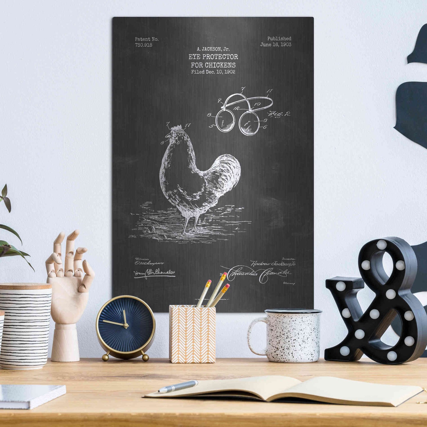 Luxe Metal Art 'Eye Protector for Chickens Blueprint Patent Chalkboard' Metal Wall Art,12x16