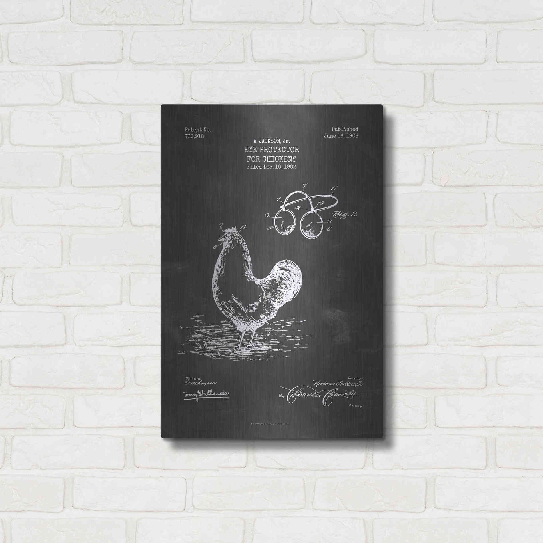 Luxe Metal Art 'Eye Protector for Chickens Blueprint Patent Chalkboard' Metal Wall Art,16x24