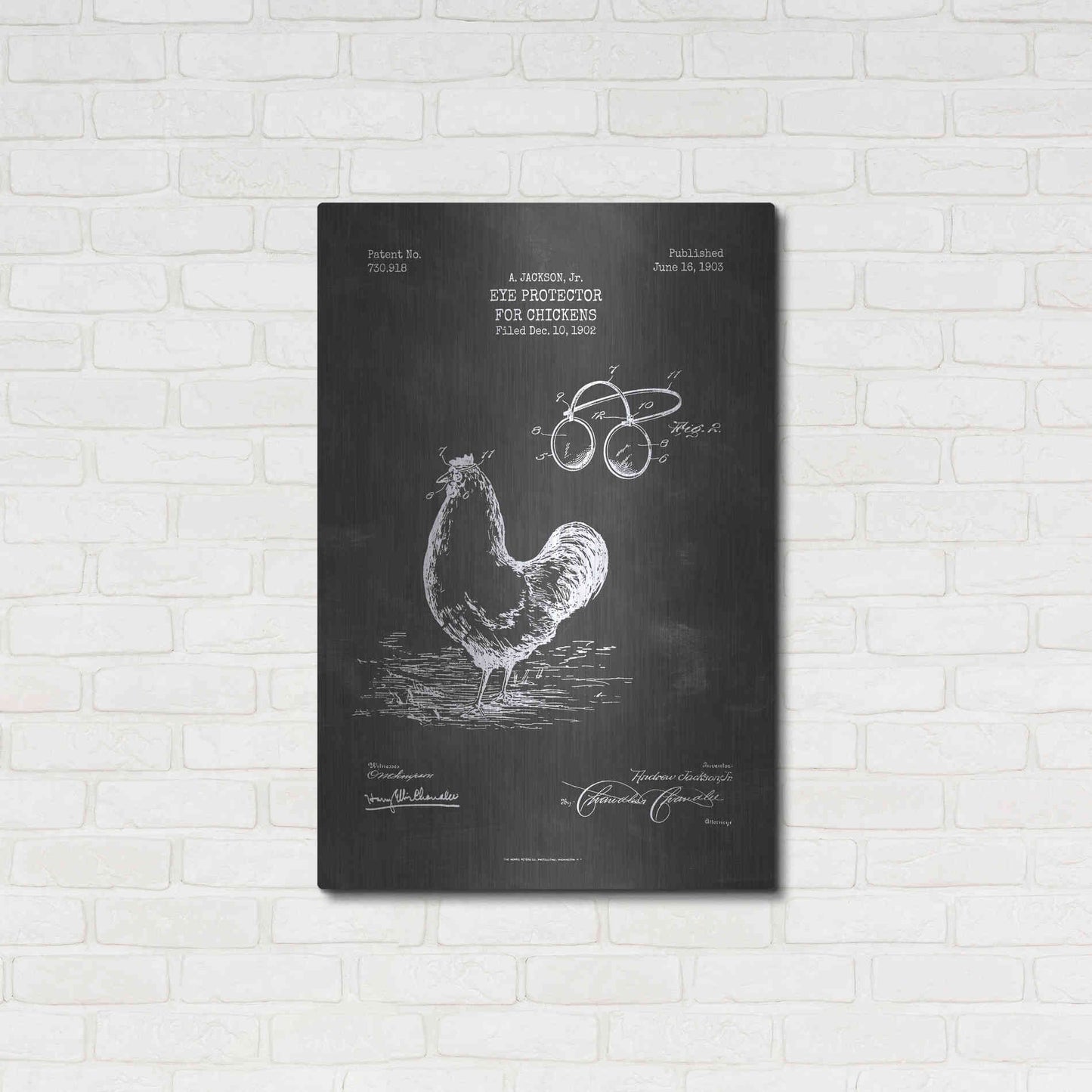 Luxe Metal Art 'Eye Protector for Chickens Blueprint Patent Chalkboard' Metal Wall Art,24x36