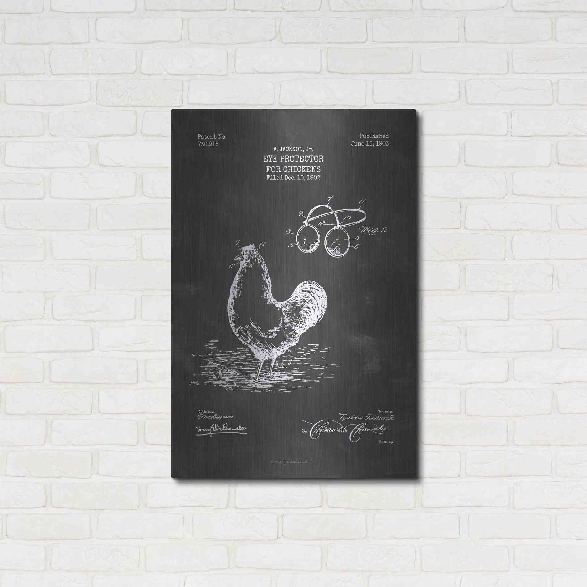 Luxe Metal Art 'Eye Protector for Chickens Blueprint Patent Chalkboard' Metal Wall Art,24x36