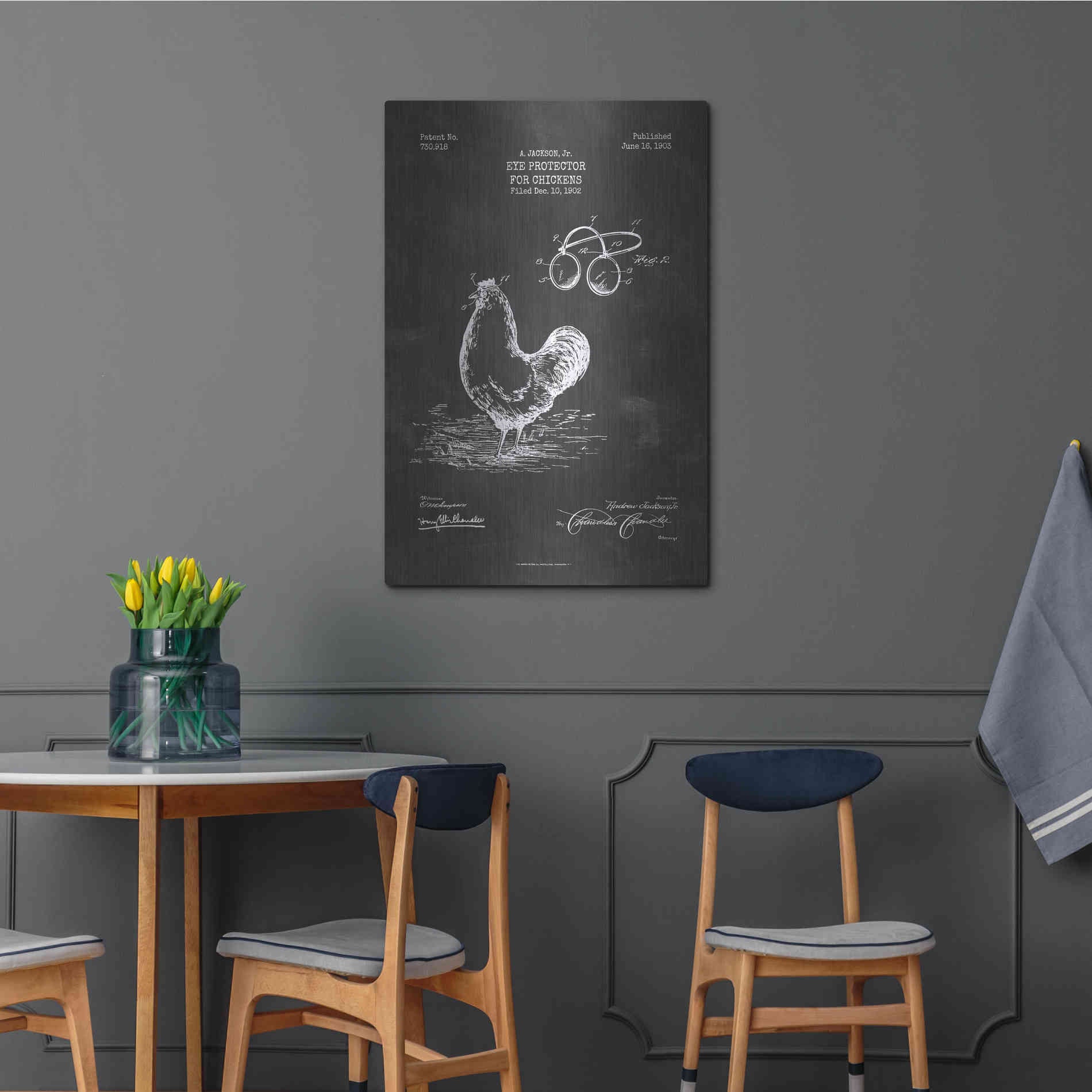 Luxe Metal Art 'Eye Protector for Chickens Blueprint Patent Chalkboard' Metal Wall Art,24x36