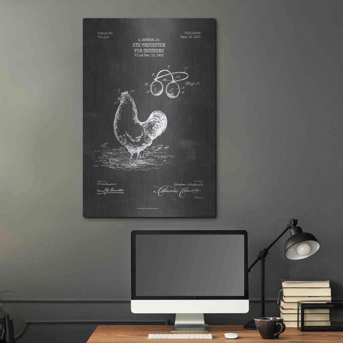 Luxe Metal Art 'Eye Protector for Chickens Blueprint Patent Chalkboard' Metal Wall Art,24x36