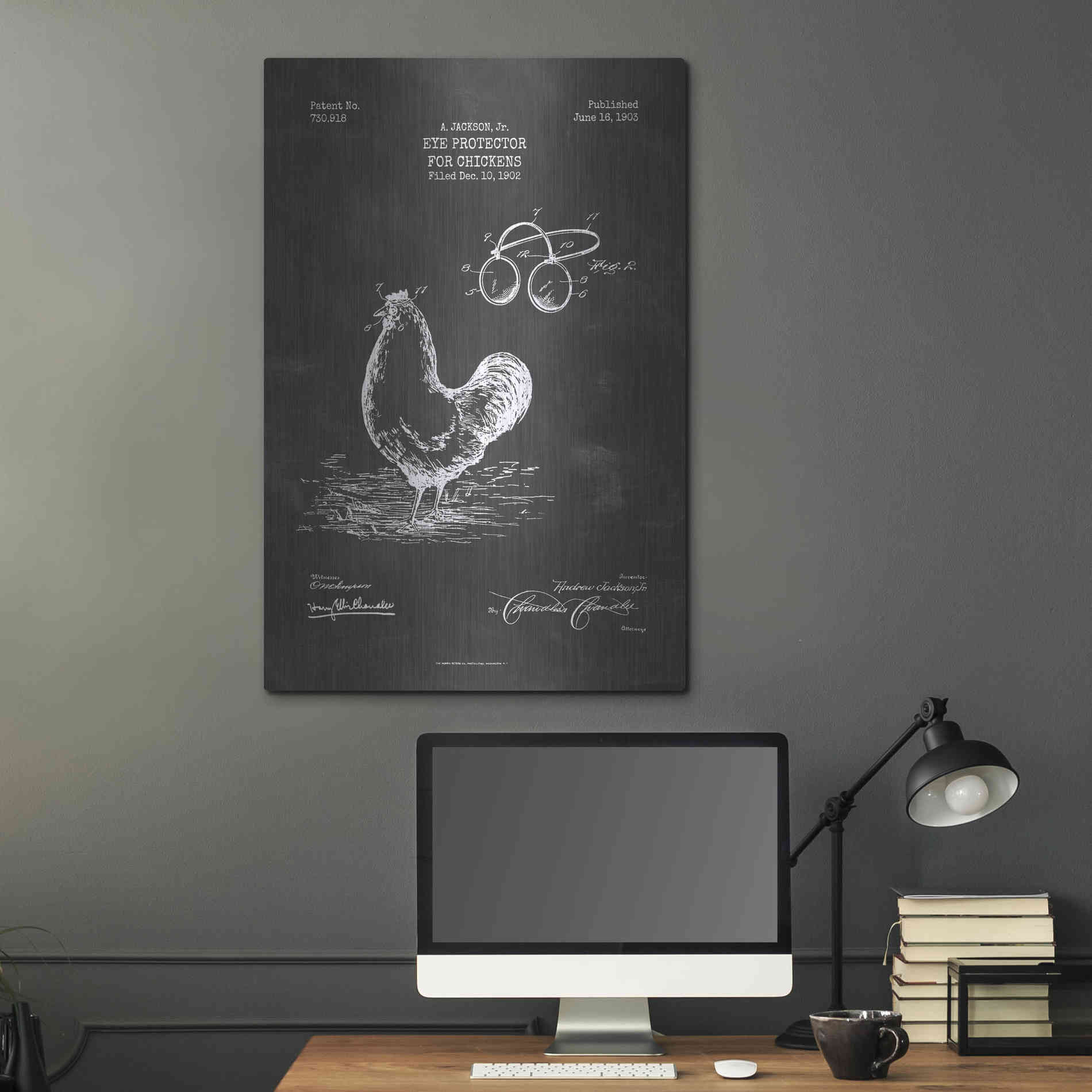 Luxe Metal Art 'Eye Protector for Chickens Blueprint Patent Chalkboard' Metal Wall Art,24x36