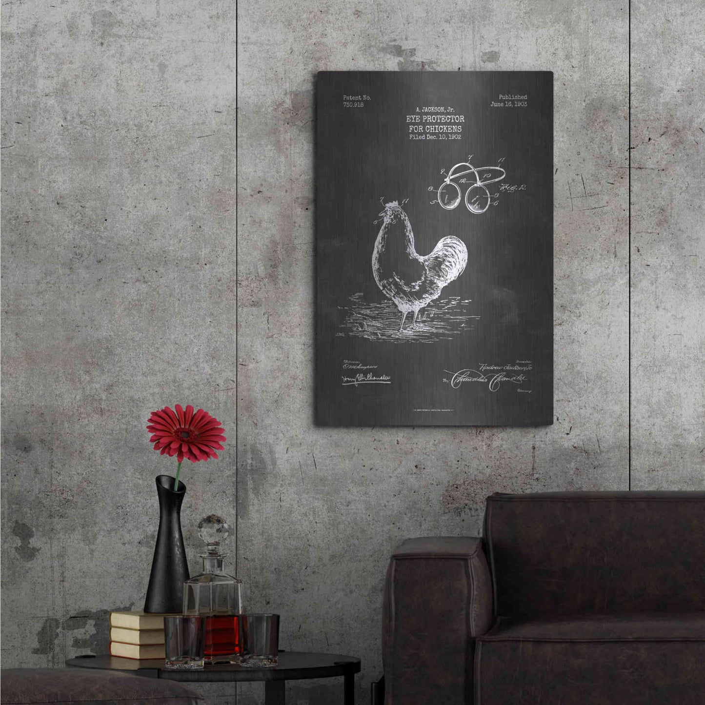 Luxe Metal Art 'Eye Protector for Chickens Blueprint Patent Chalkboard' Metal Wall Art,24x36