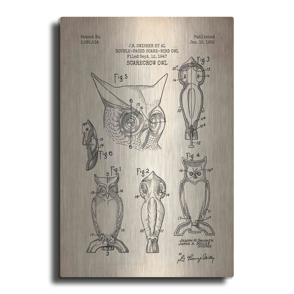 Luxe Metal Art 'Scarecrow Owl Blueprint Patent Parchment' Metal Wall Art