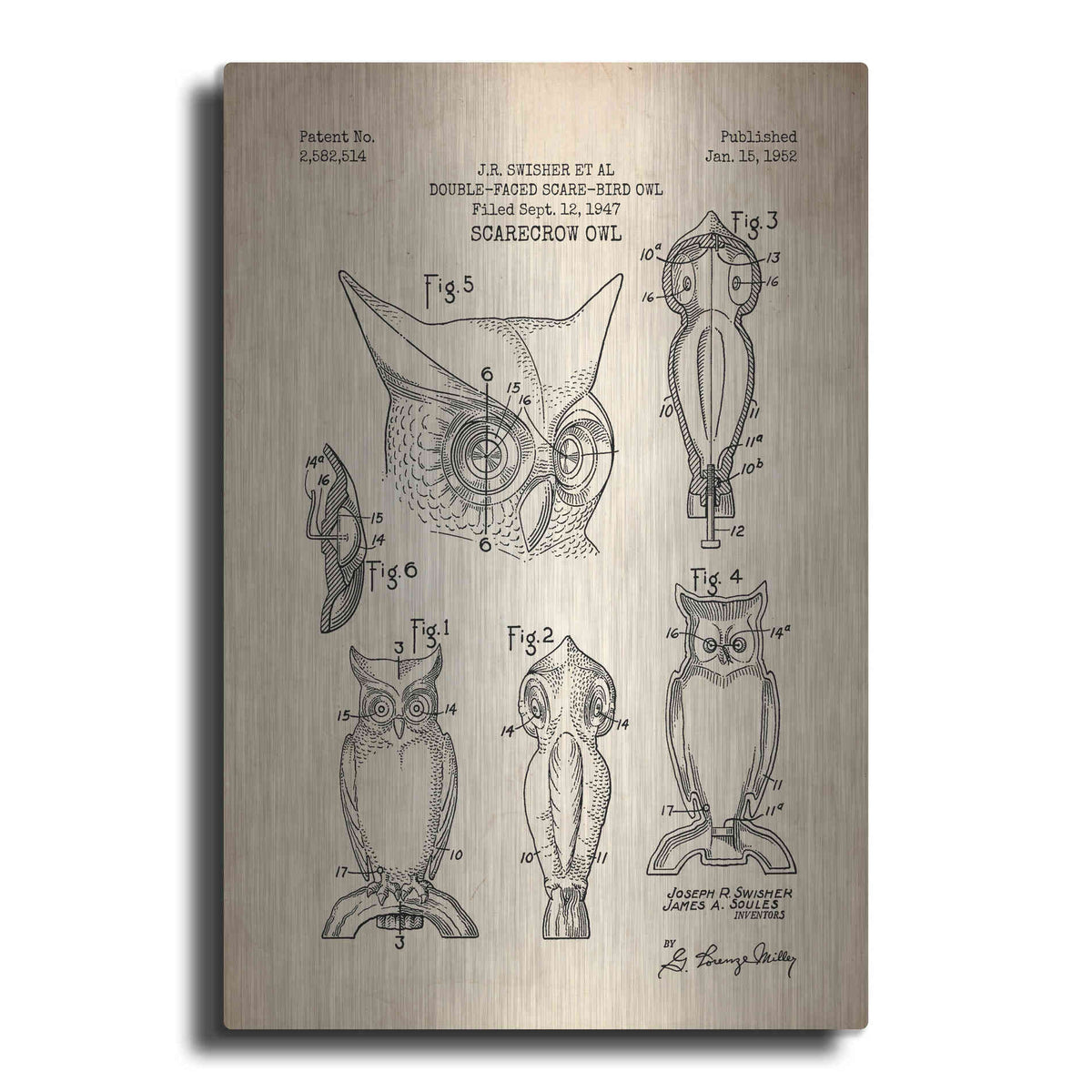 Luxe Metal Art 'Scarecrow Owl Blueprint Patent Parchment' Metal Wall Art