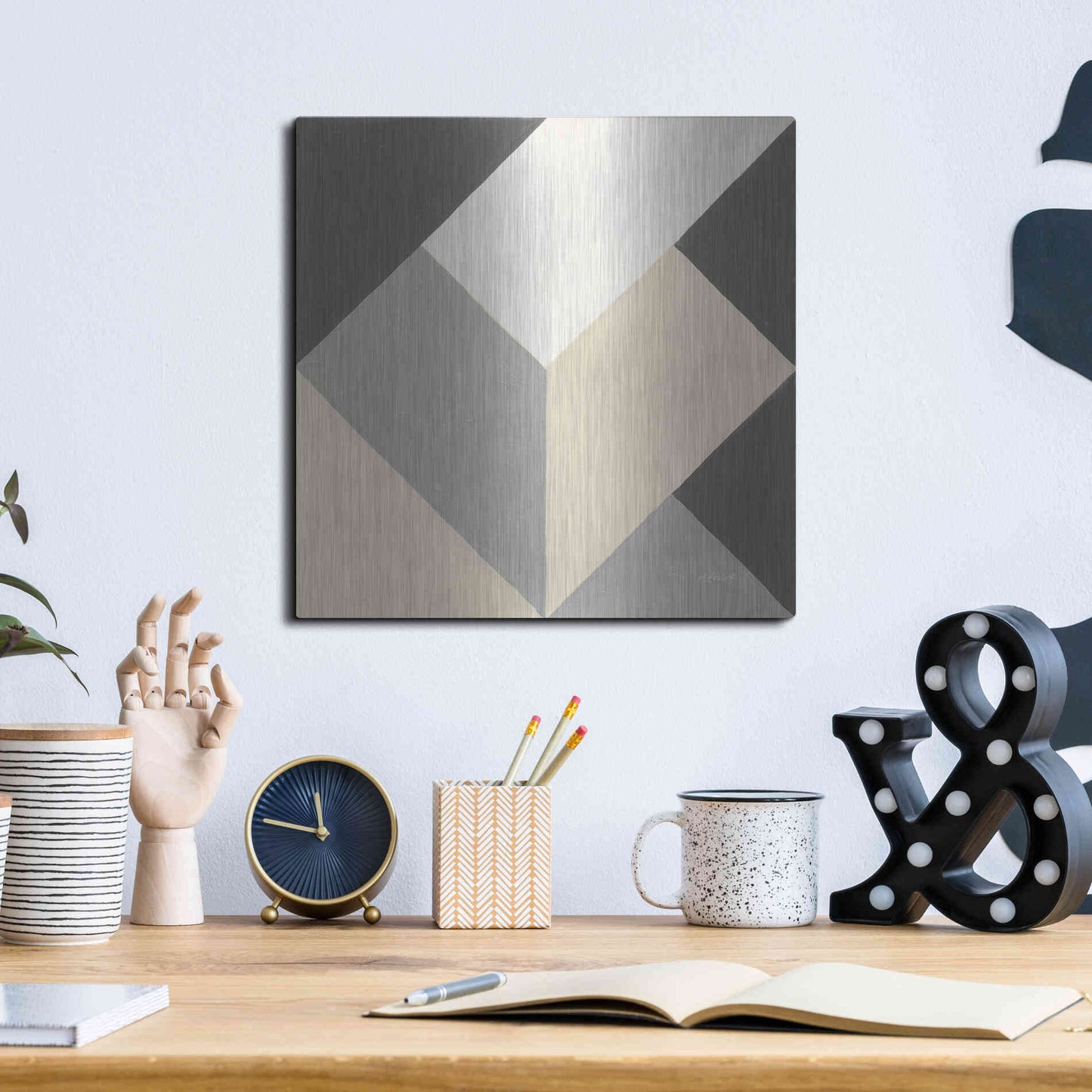 Luxe Metal Art 'Triangles I Neutral Crop' by Mike Schick, Metal Wall Art,12x12