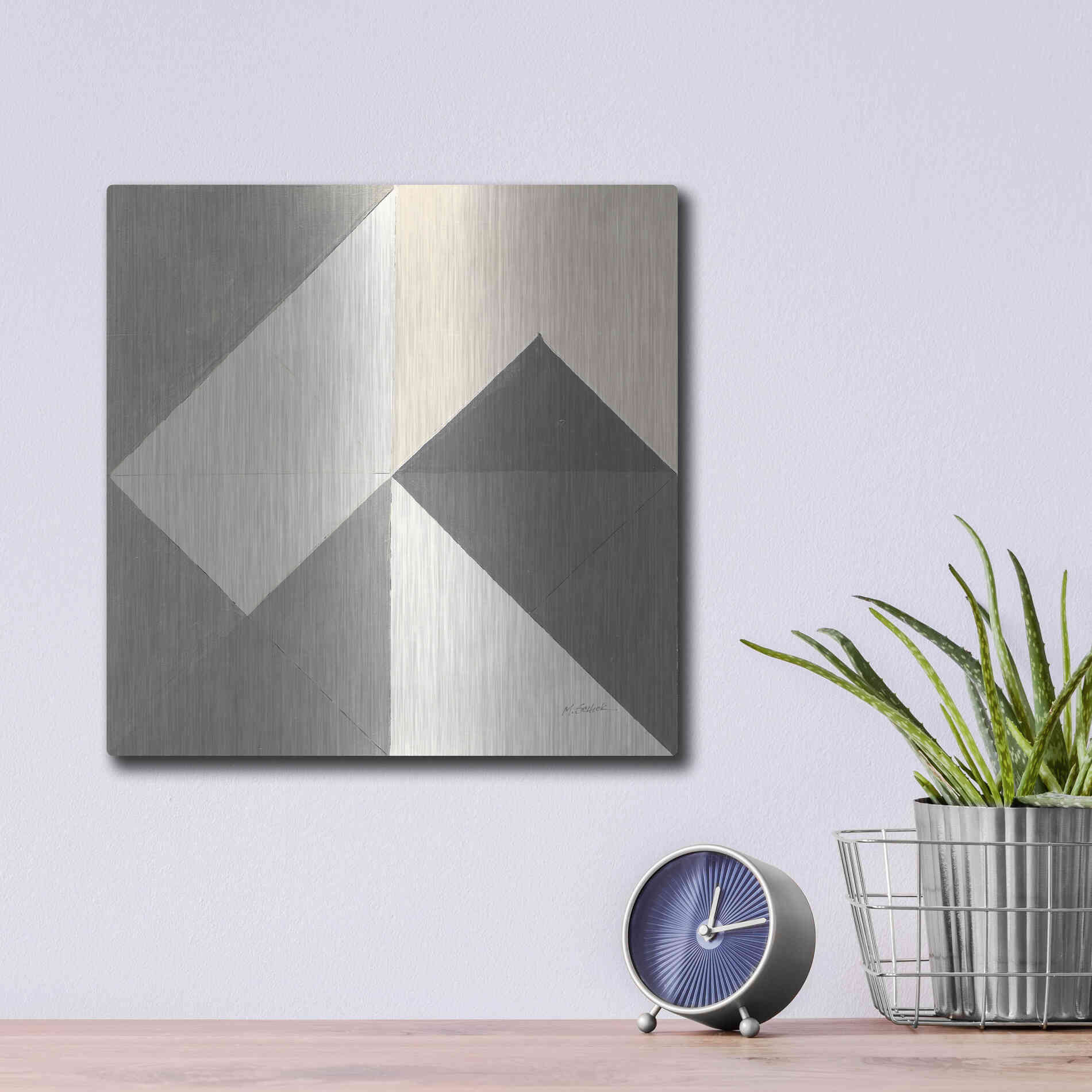 Luxe Metal Art 'Triangles IV Neutral Crop' by Mike Schick, Metal Wall Art,12x12