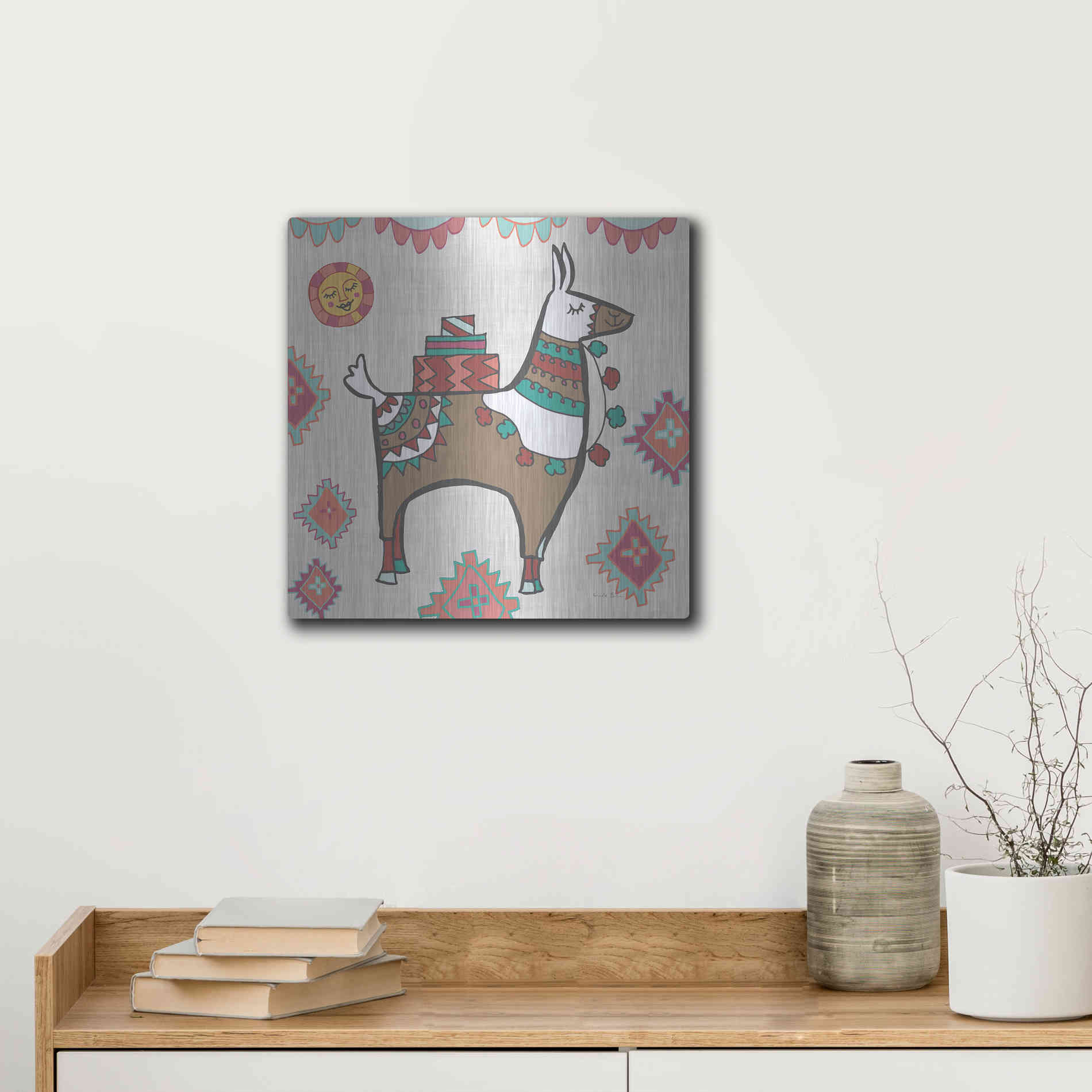 Luxe Metal Art 'Playful Llamas I' by Farida Zaman, Metal Wall Art,12x12