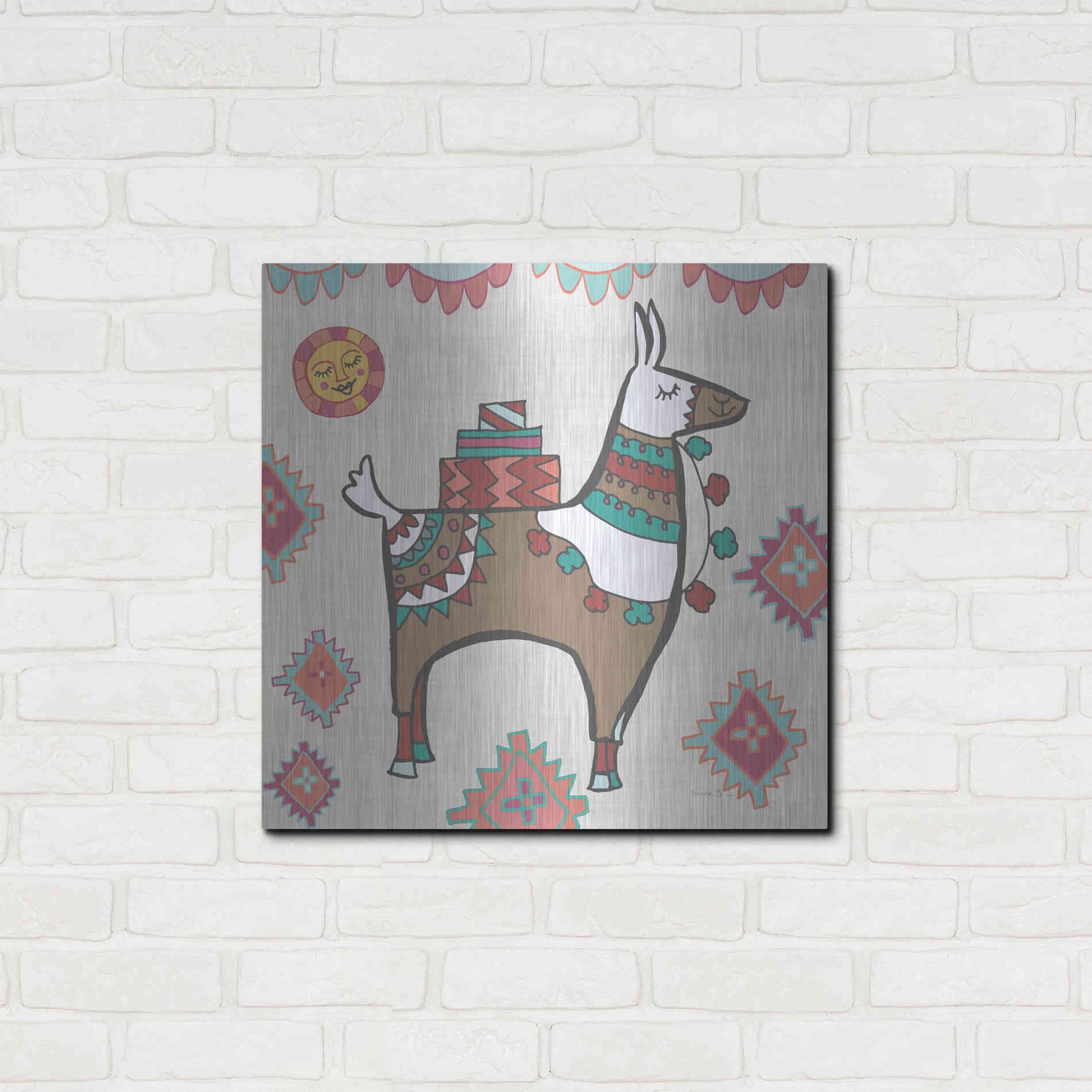 Luxe Metal Art 'Playful Llamas I' by Farida Zaman, Metal Wall Art,24x24