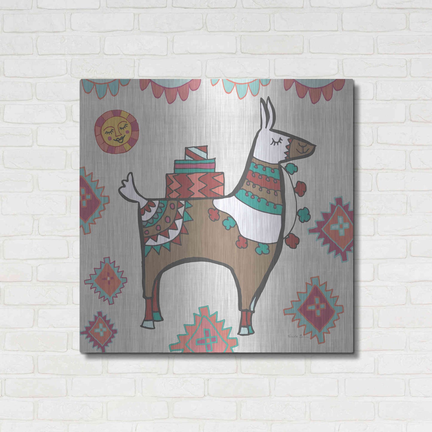 Luxe Metal Art 'Playful Llamas I' by Farida Zaman, Metal Wall Art,36x36