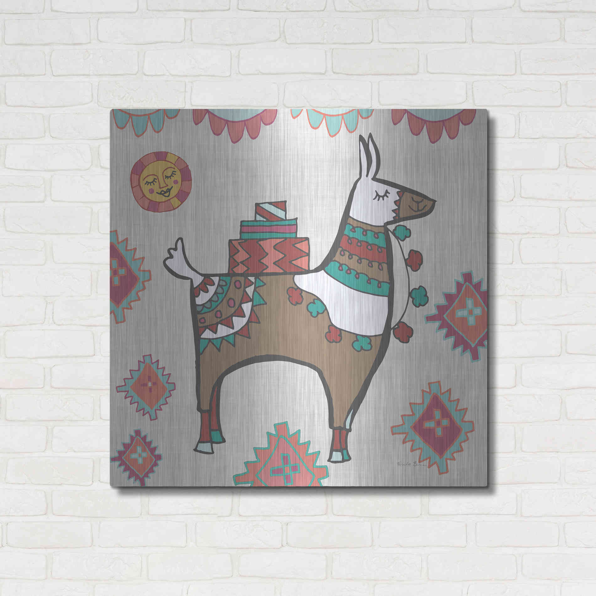 Luxe Metal Art 'Playful Llamas I' by Farida Zaman, Metal Wall Art,36x36