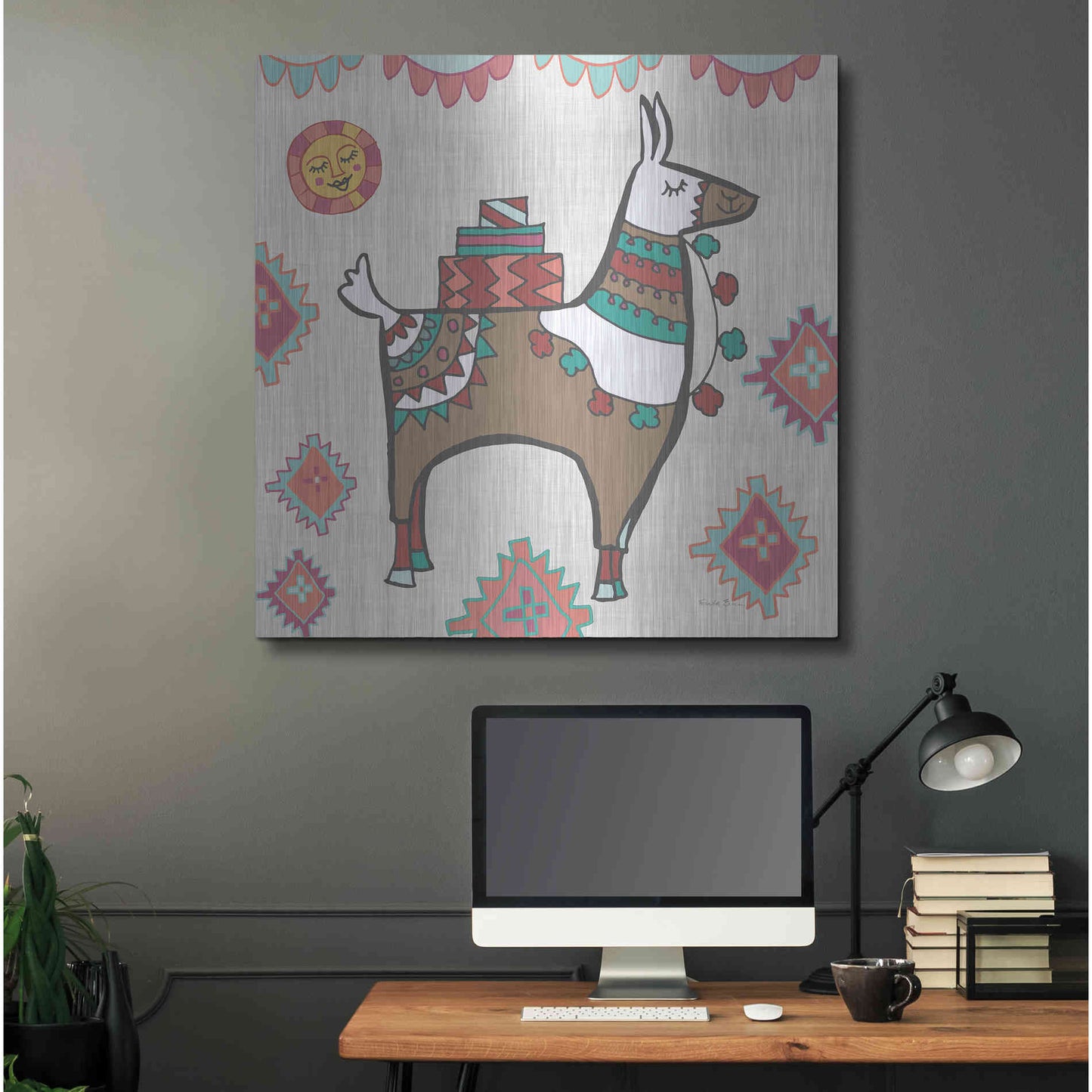 Luxe Metal Art 'Playful Llamas I' by Farida Zaman, Metal Wall Art,36x36