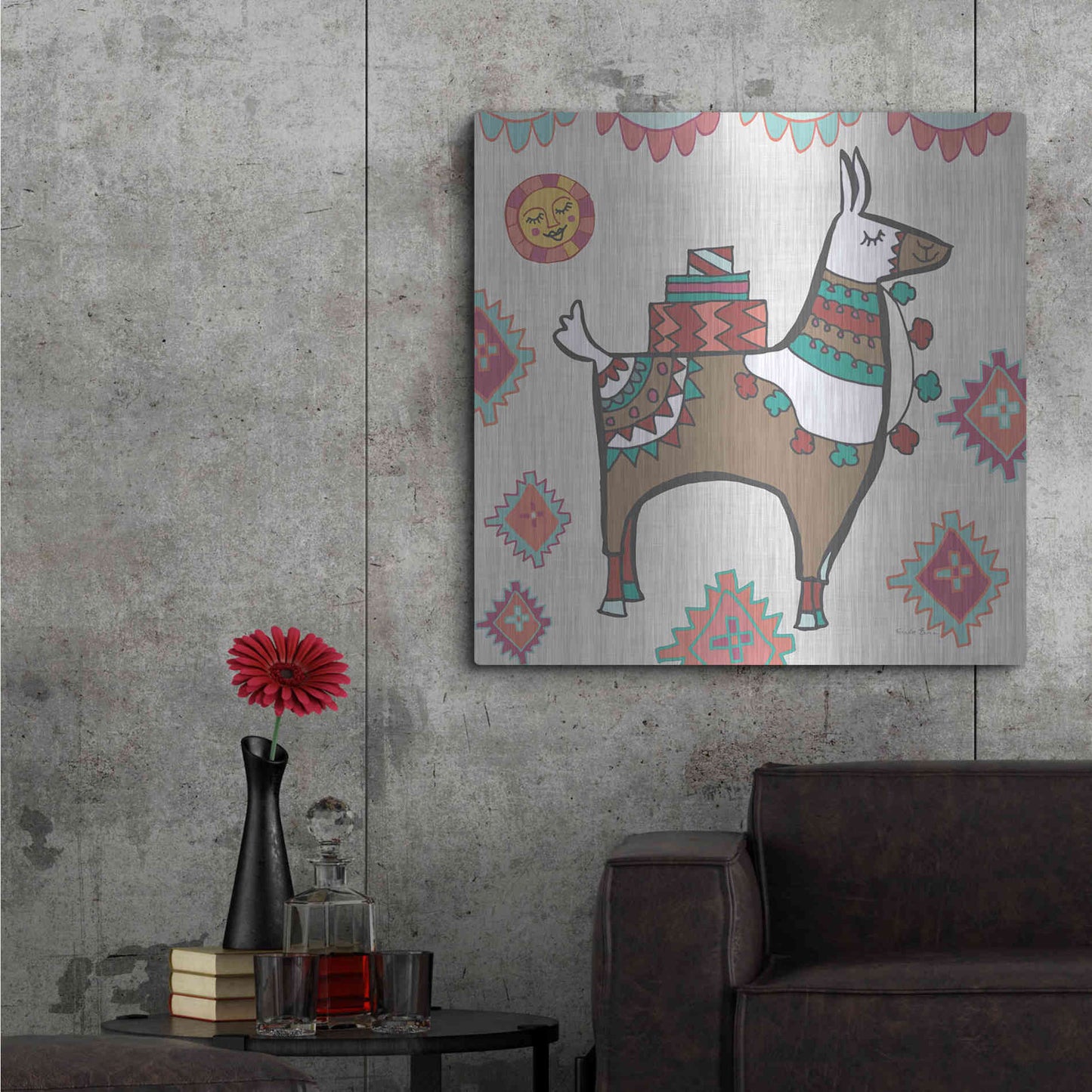 Luxe Metal Art 'Playful Llamas I' by Farida Zaman, Metal Wall Art,36x36
