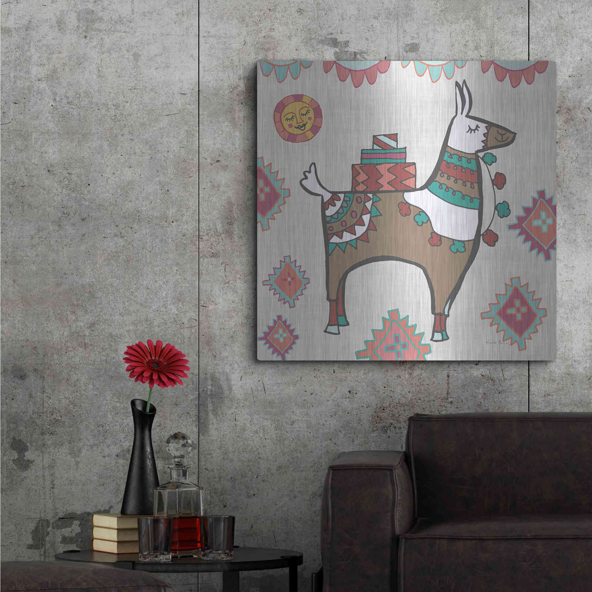 Luxe Metal Art 'Playful Llamas I' by Farida Zaman, Metal Wall Art,36x36