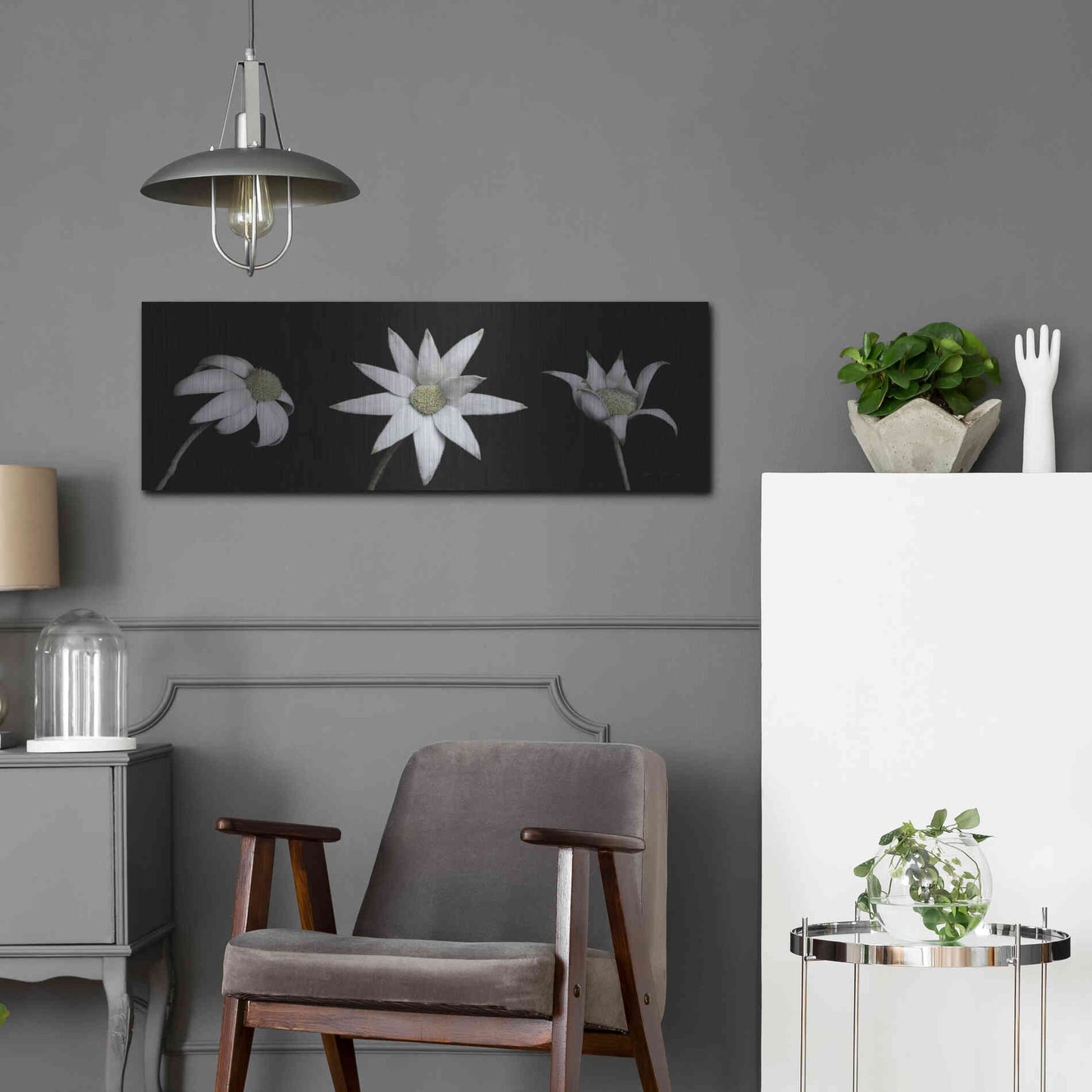 Luxe Metal Art 'Flannel Flower Trio' by Elise Catterall, Metal Wall Art,36x12