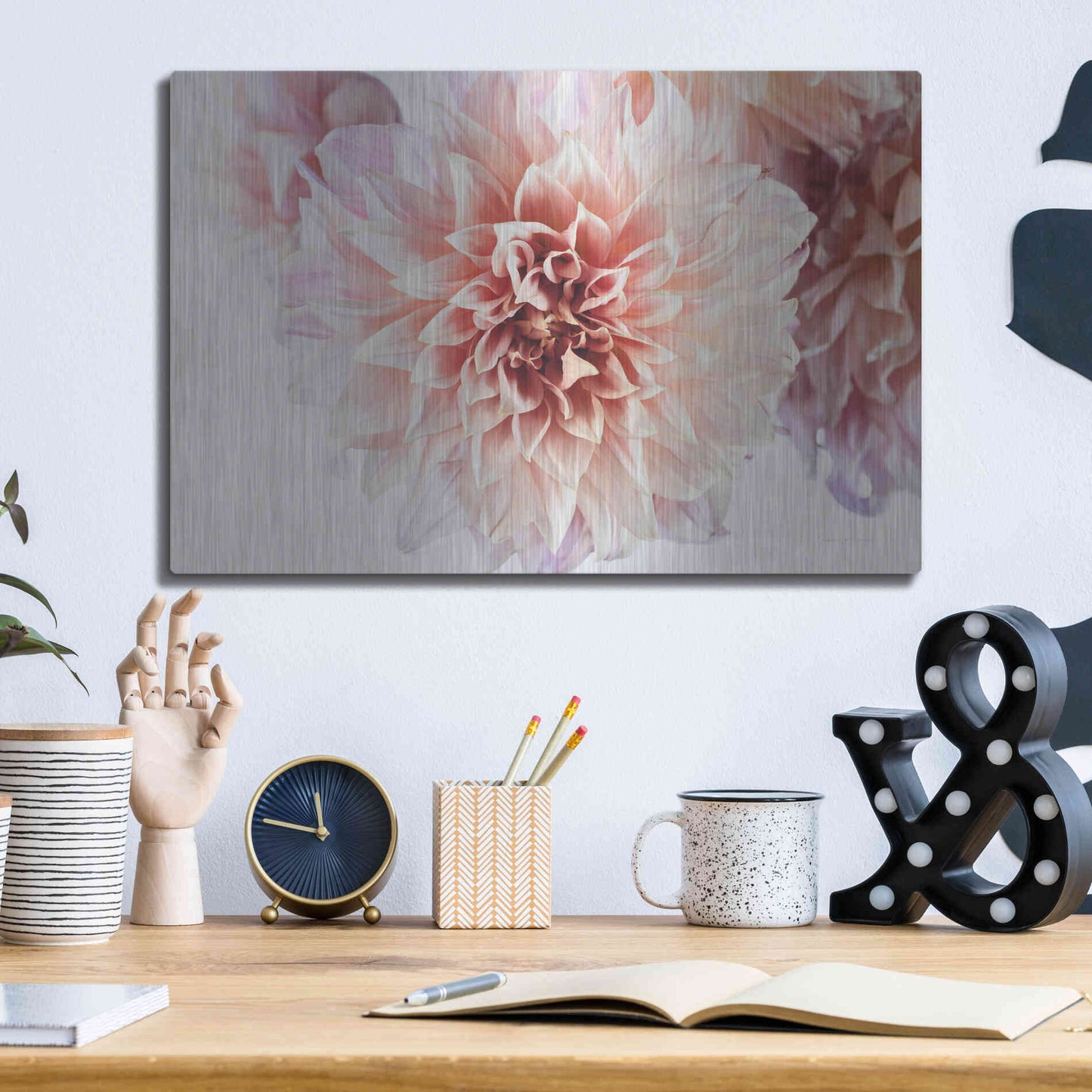 Luxe Metal Art 'Peach Dahlias Light' by Elise Catterall, Metal Wall Art,16x12